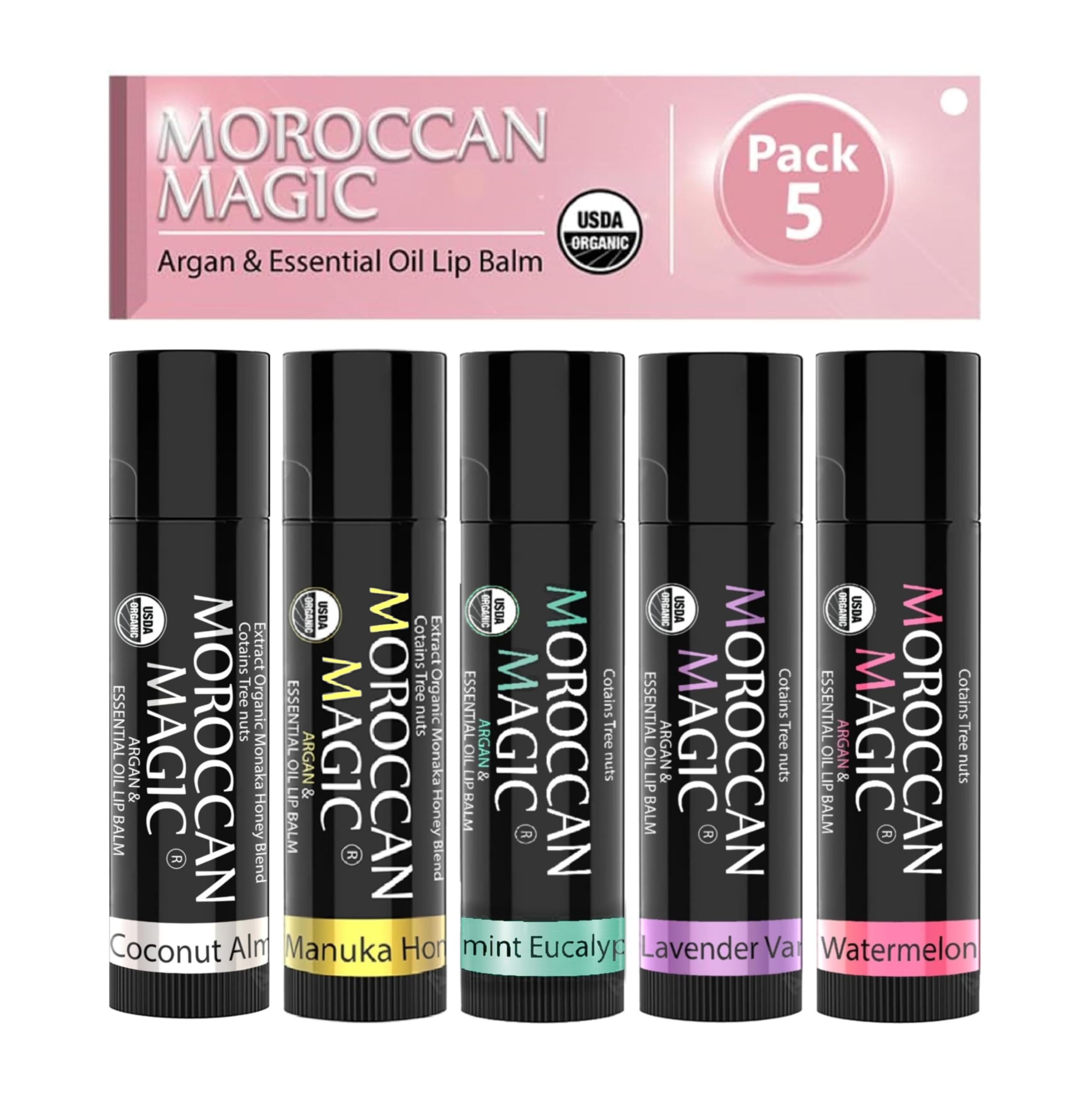 Moroccan Magic Organic Lip Balm 5-Piece Gift Set | Ultra-Hydrating Argan Oil Lip Care