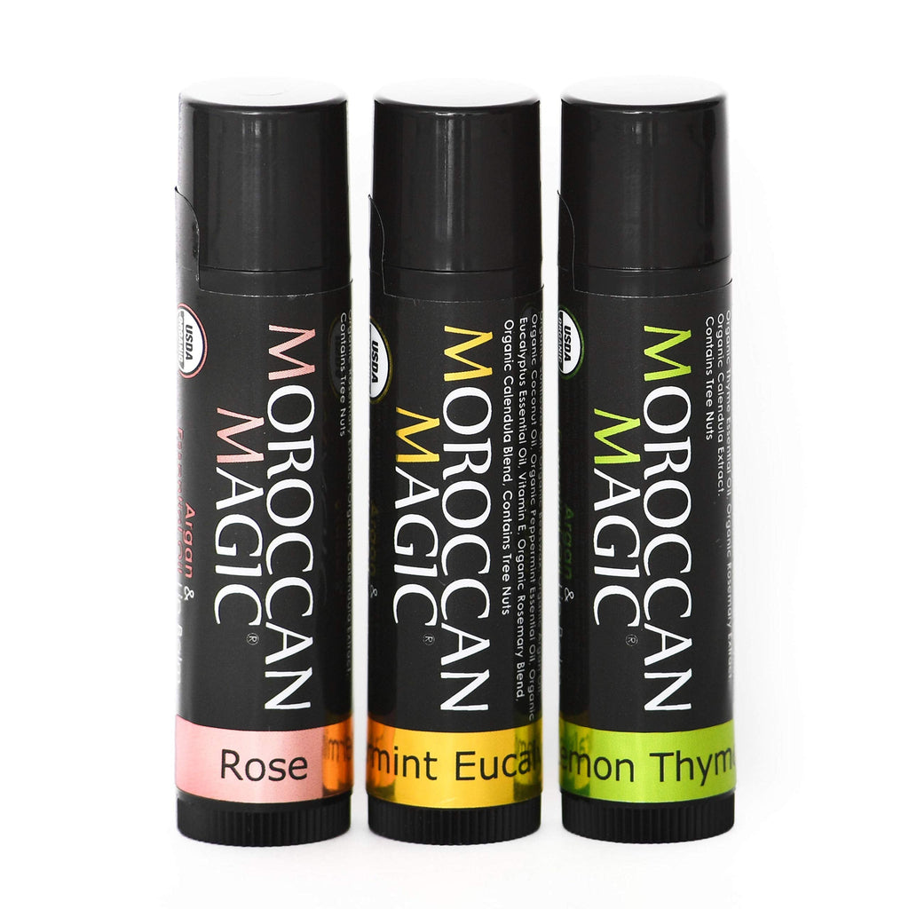 Moroccan Magic Organic Lip Balm Variety 3 Pack – Rose, Peppermint Eucalyptus, Lemon Thyme