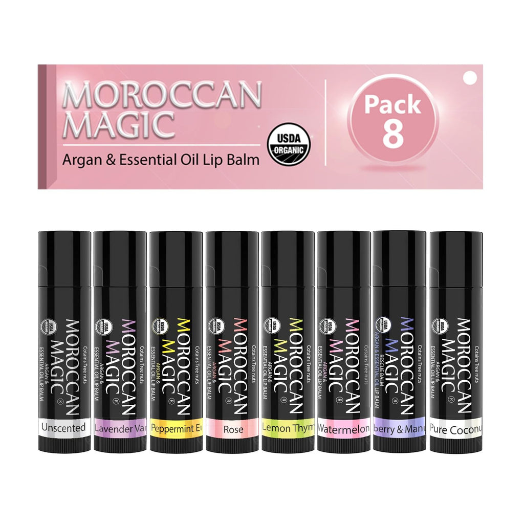 Moroccan Magic Organic Lip Balm Variety Pack Gift Set | 8-Piece, Argan Oil & Essential Oils