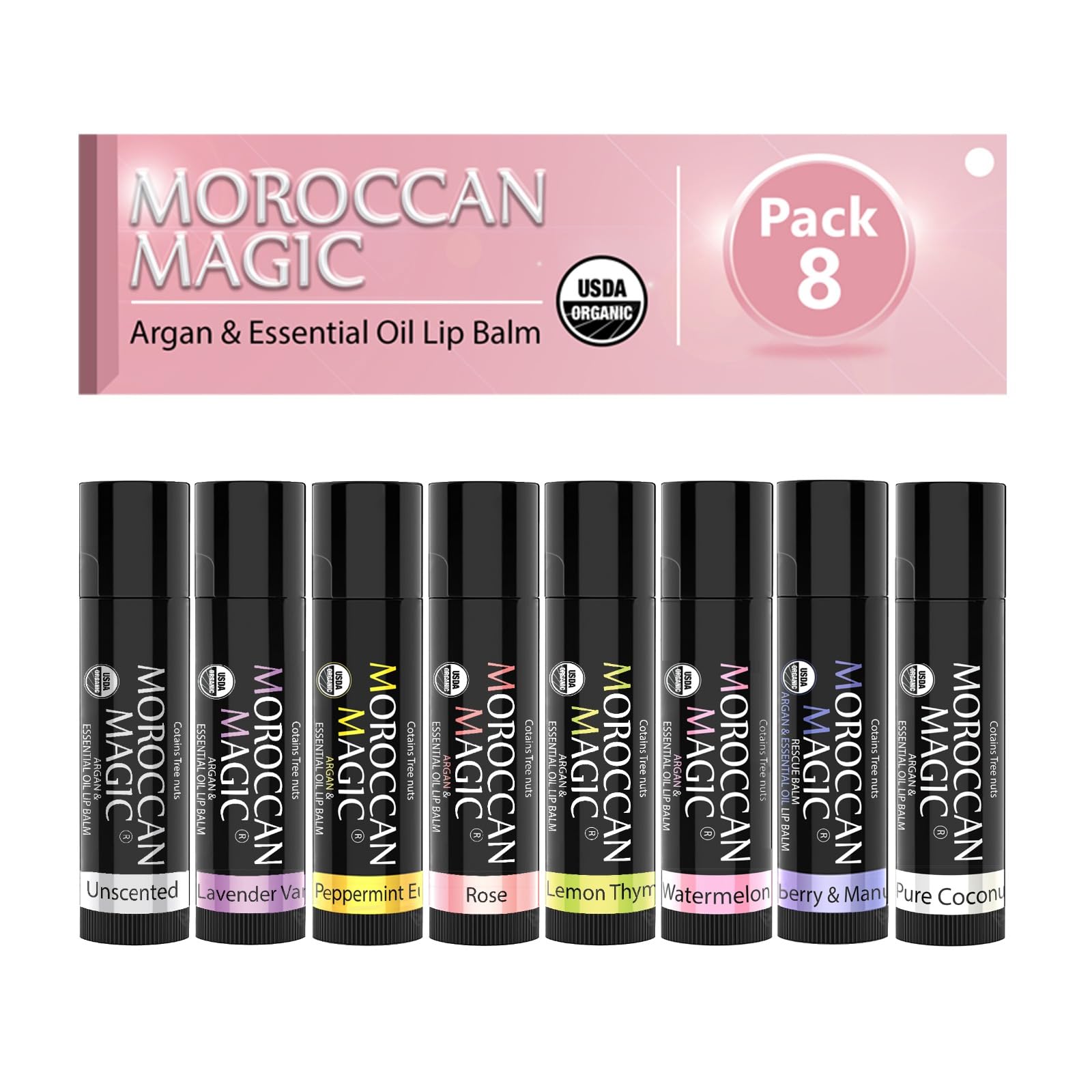 Moroccan Magic Organic Lip Balm Variety Pack Gift Set | 8-Piece, Argan Oil & Essential Oils