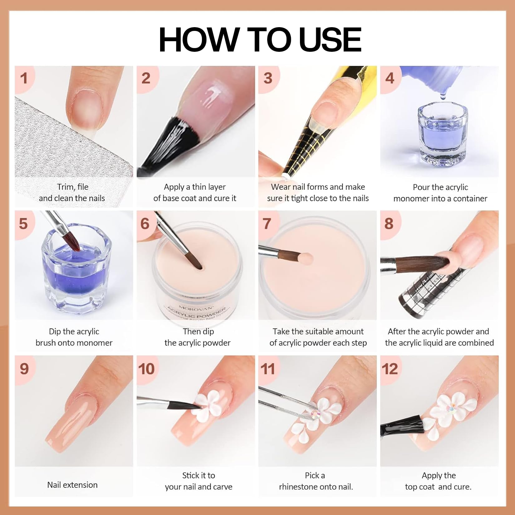 Morovan Acrylic Powder Set – 12 Colors for Nail Art & Extensions