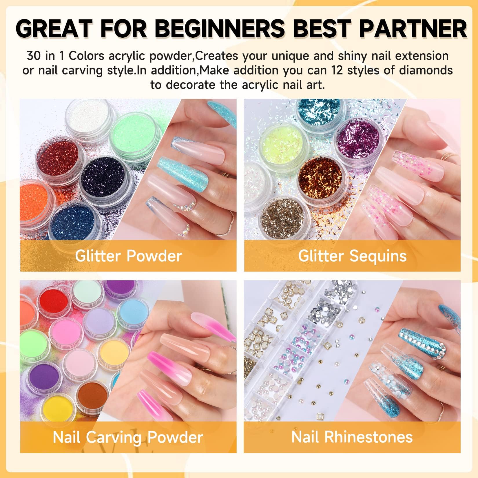 Morovan Acrylic Nail Kit for Beginners – Complete Starter Set with 3 Colors Powder & Glitter