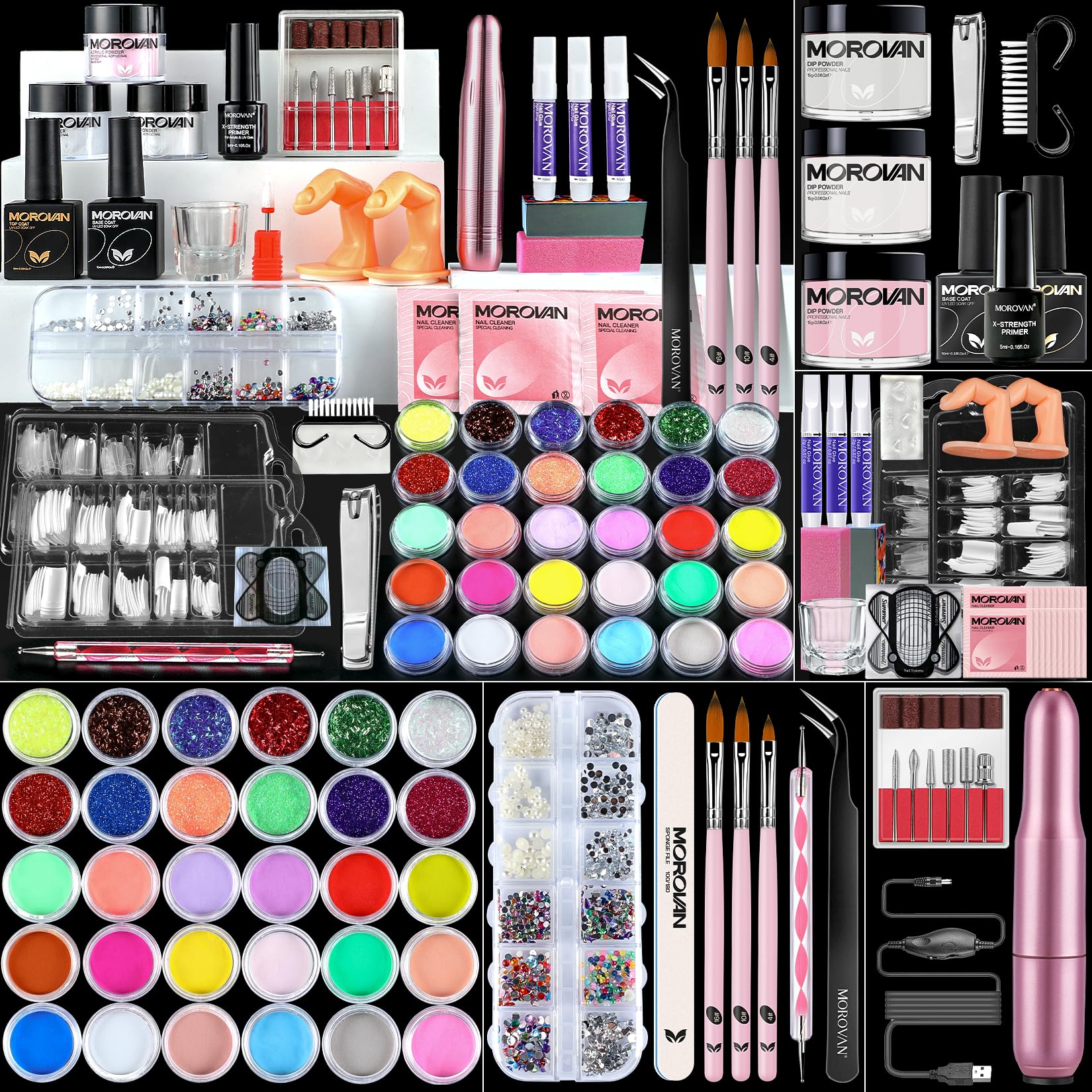 Morovan Acrylic Nail Kit for Beginners – Complete Starter Set with 3 Colors Powder & Glitter