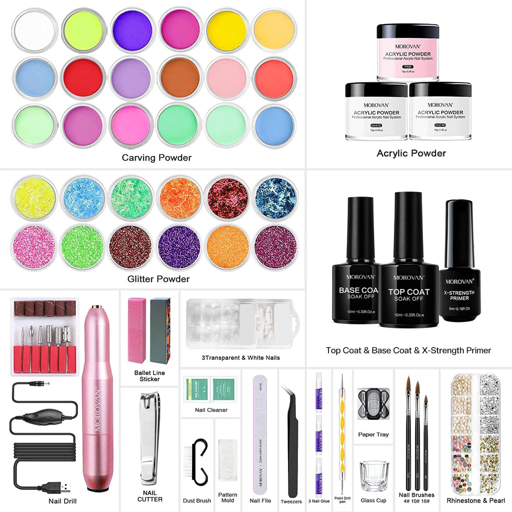Morovan Acrylic Nail Kit for Beginners – Complete Starter Set with 3 Colors Powder & Glitter