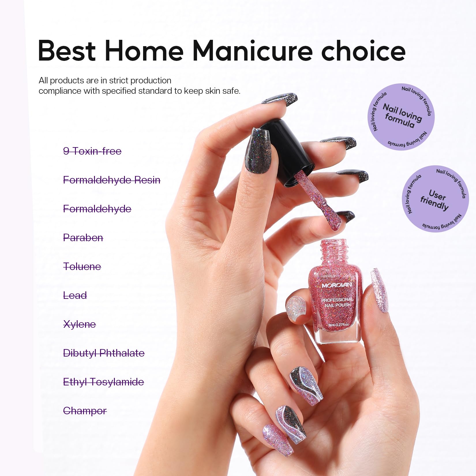 Morovan Glitter Nail Polish Set — Quick Dry Sparkle 6-Color Kit (Gold Silver Black)