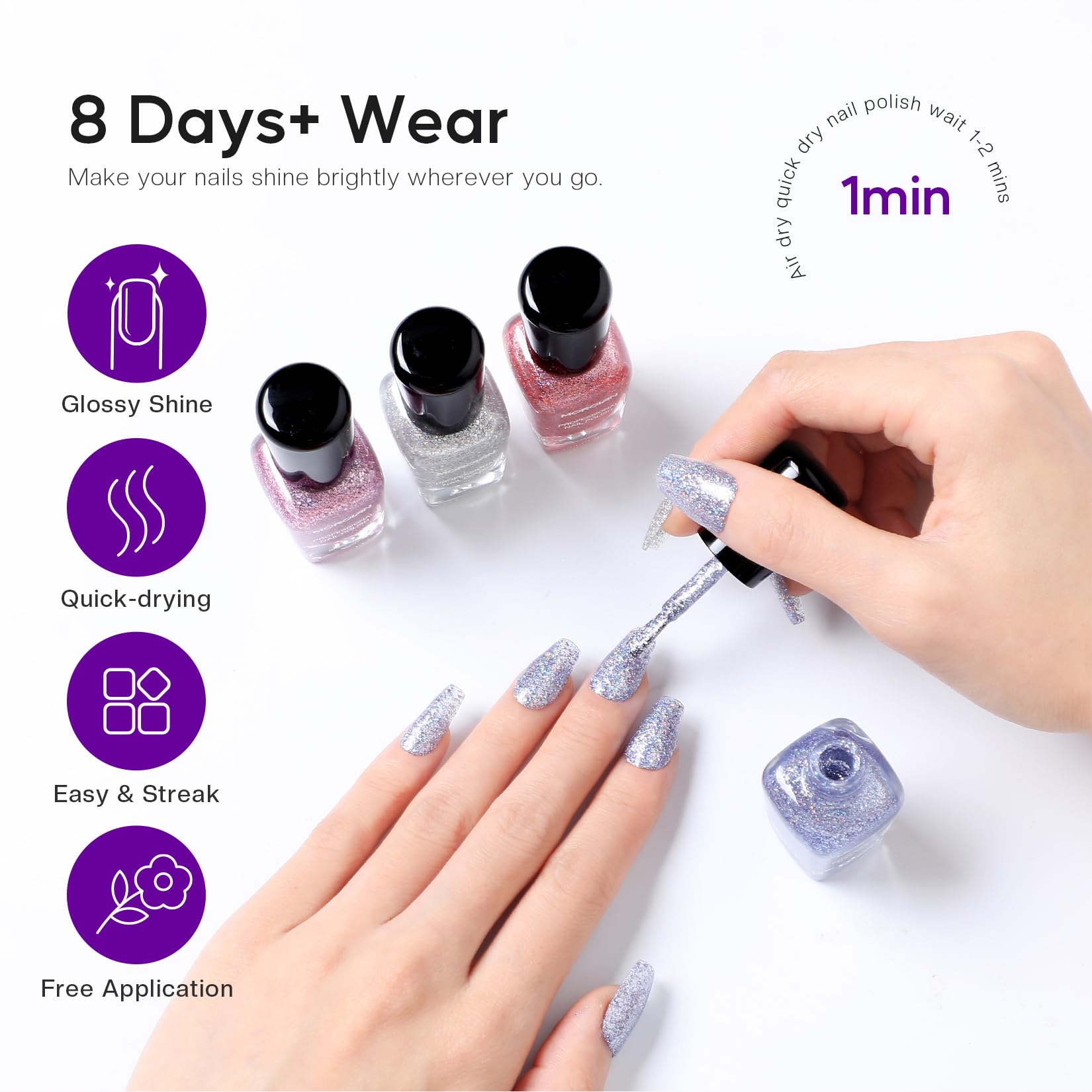 Morovan Glitter Nail Polish Set — Quick Dry Sparkle 6-Color Kit (Gold Silver Black)