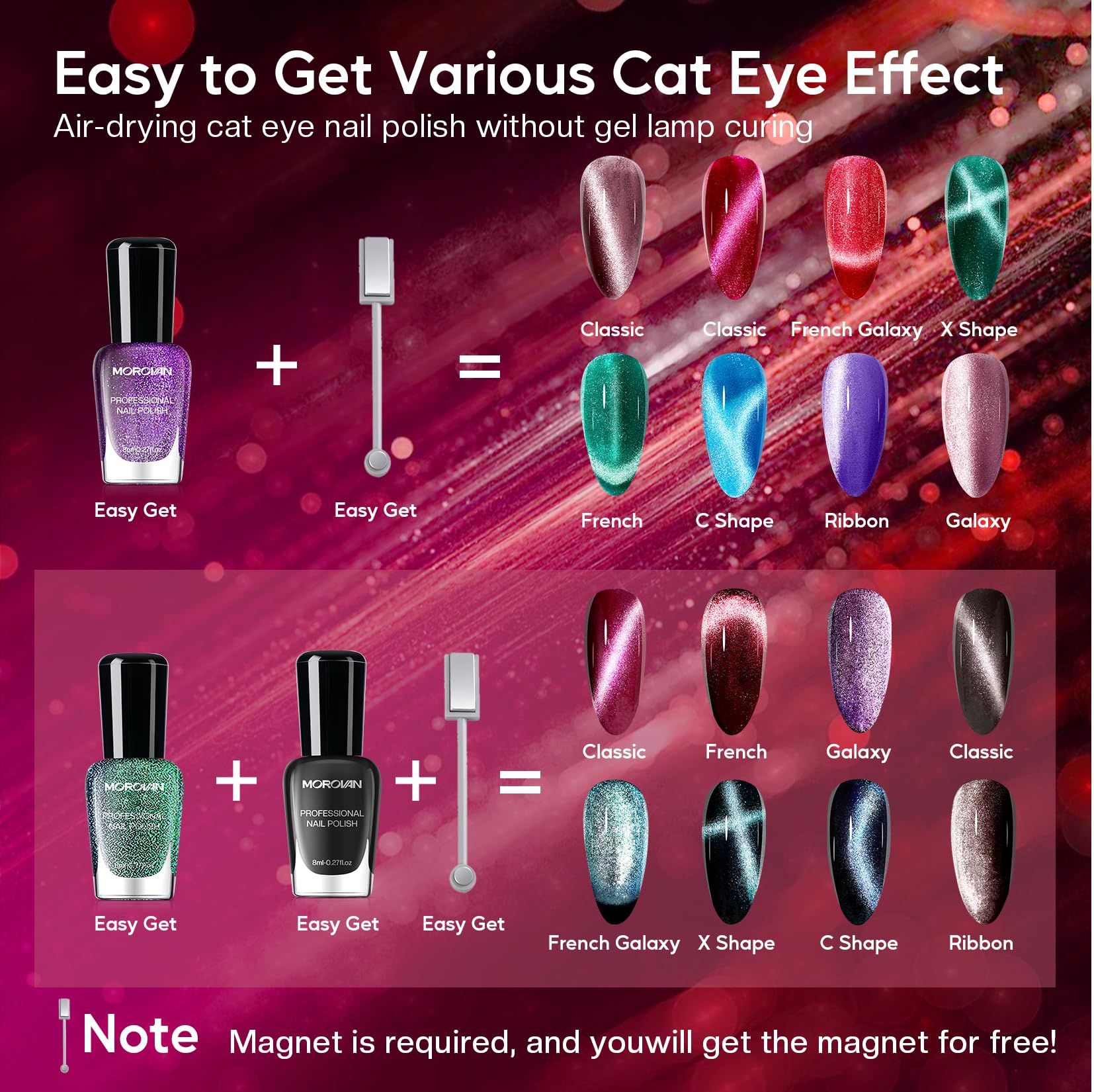 Morovan Magnetic Nail Polish Set – Cat Eye Glitter Kit (6 Colors), Quick Dry