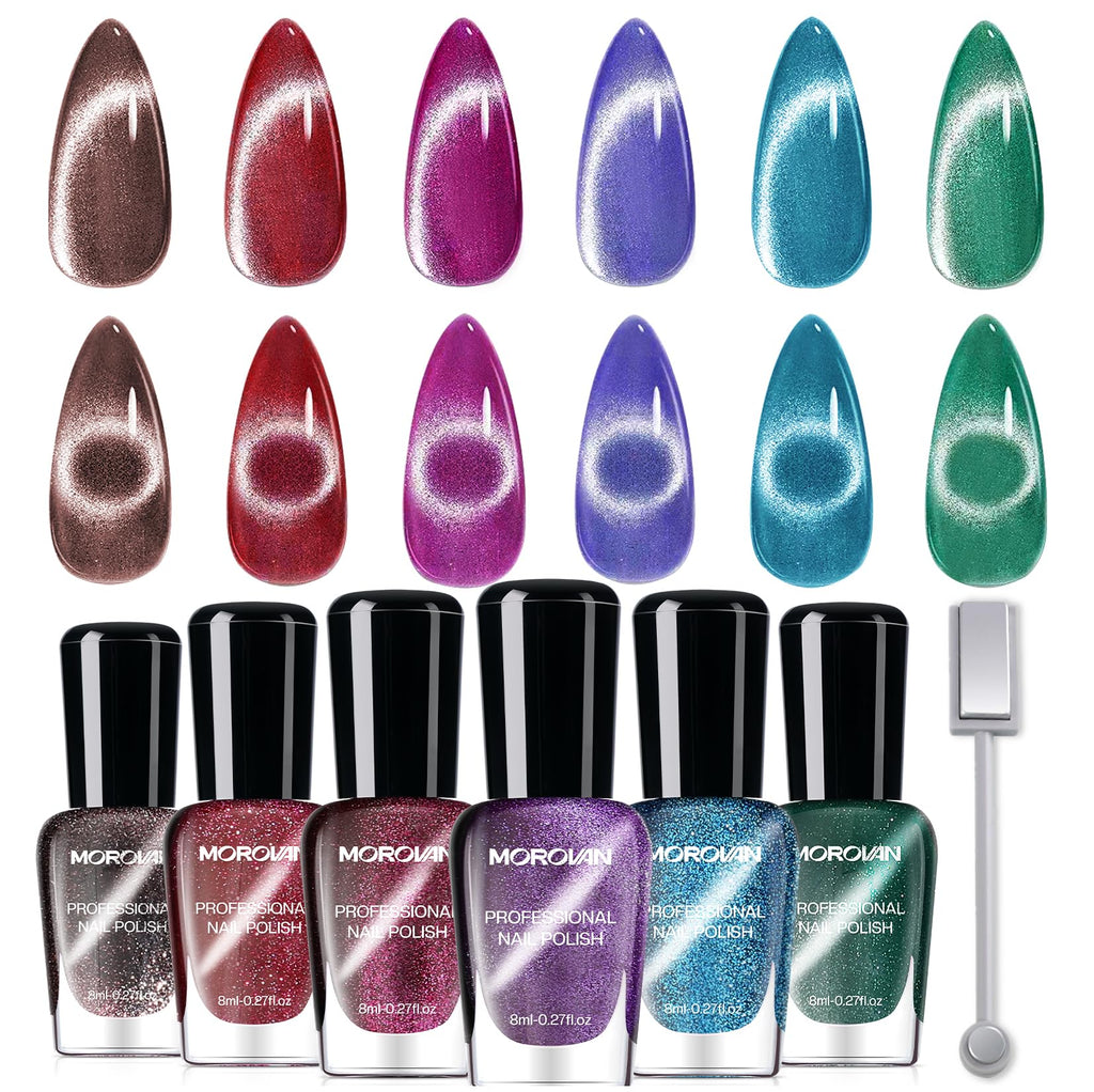 Morovan Magnetic Nail Polish Set – Cat Eye Glitter Kit (6 Colors), Quick Dry
