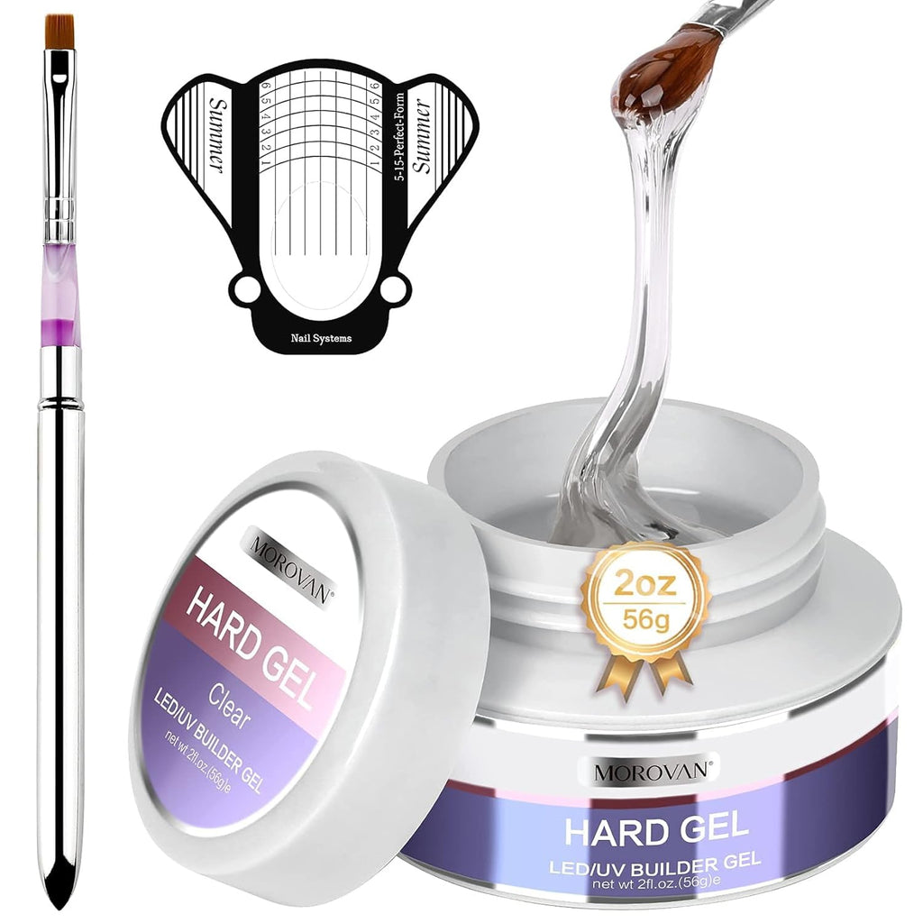 Morovan Clear Builder Gel for Nails – UV/LED Hard Gel Kit, 2oz with Forms & Brush