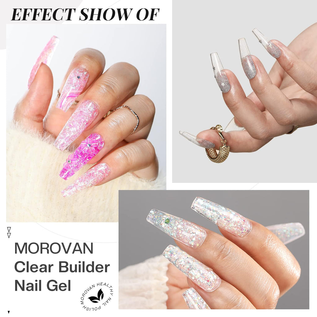 Morovan Clear Builder Gel for Nails – UV/LED Hard Gel Kit, 2oz with Forms & Brush