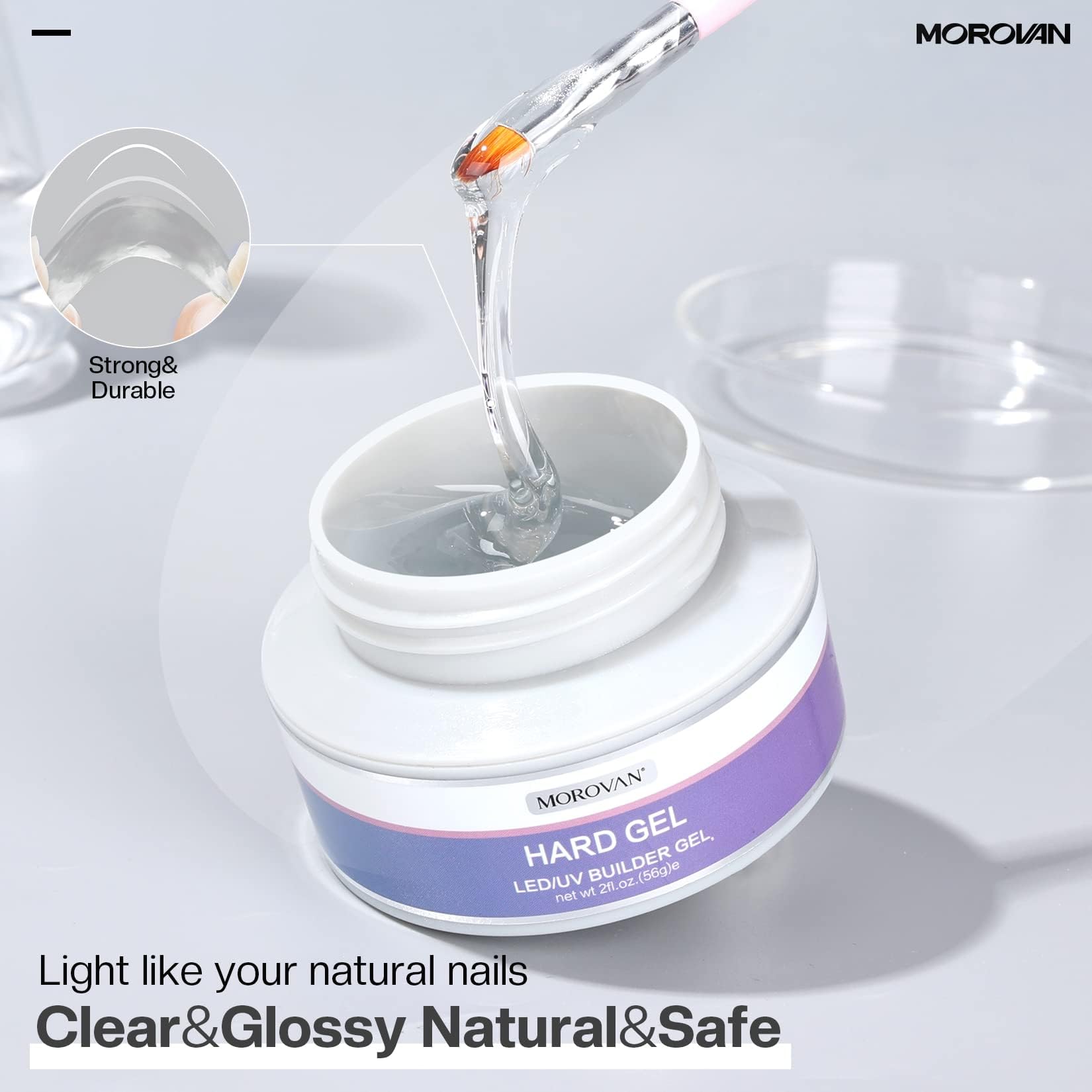 Morovan Clear Builder Gel for Nails – UV/LED Hard Gel Kit, 2oz with Forms & Brush