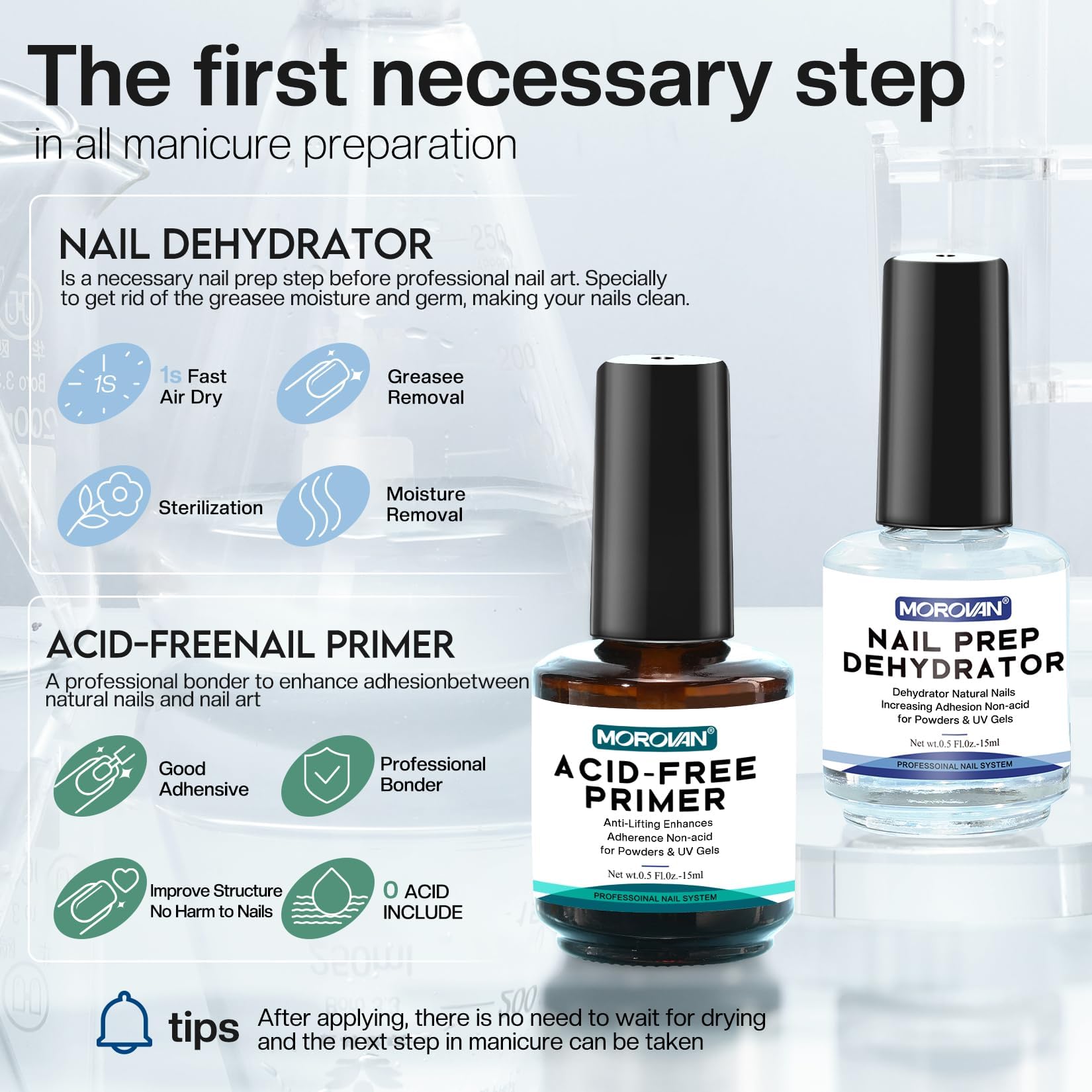 Morovan Nail Prep Dehydrator & Acid-Free Primer – 4-Piece Set for Strong Adhesion