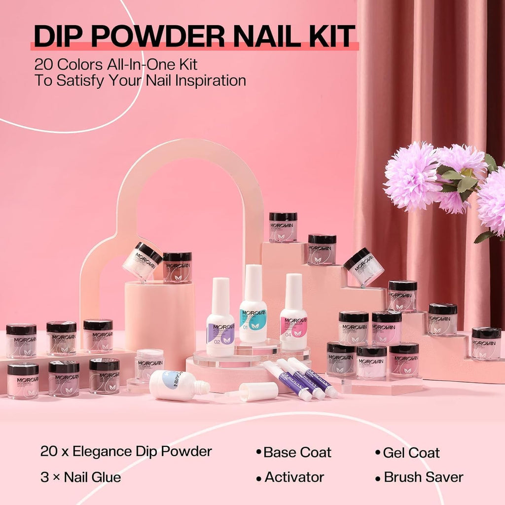 Morovan Dip Powder Nail Kit — 27-Piece Starter Set, 20 Colors + Liquid System for At-Home Nail Art