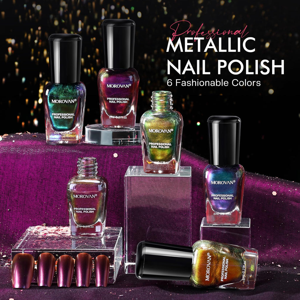 Morovan 6-Color Holographic Chrome Ombre Nail Polish Set – Air-Dry, Non-Toxic 0.27oz
