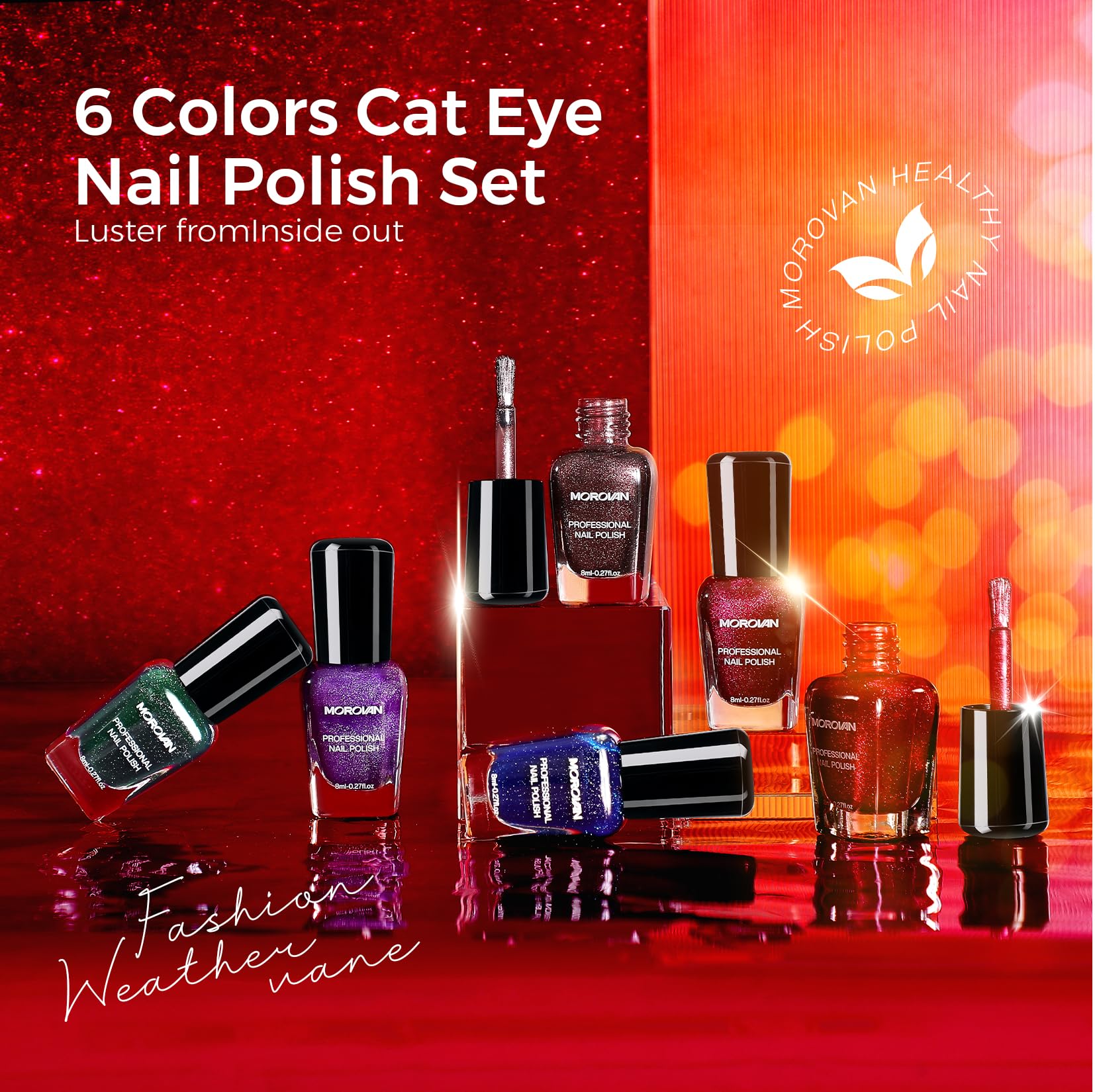 Morovan Magnetic Nail Polish Set – Cat Eye Glitter Kit (6 Colors), Quick Dry