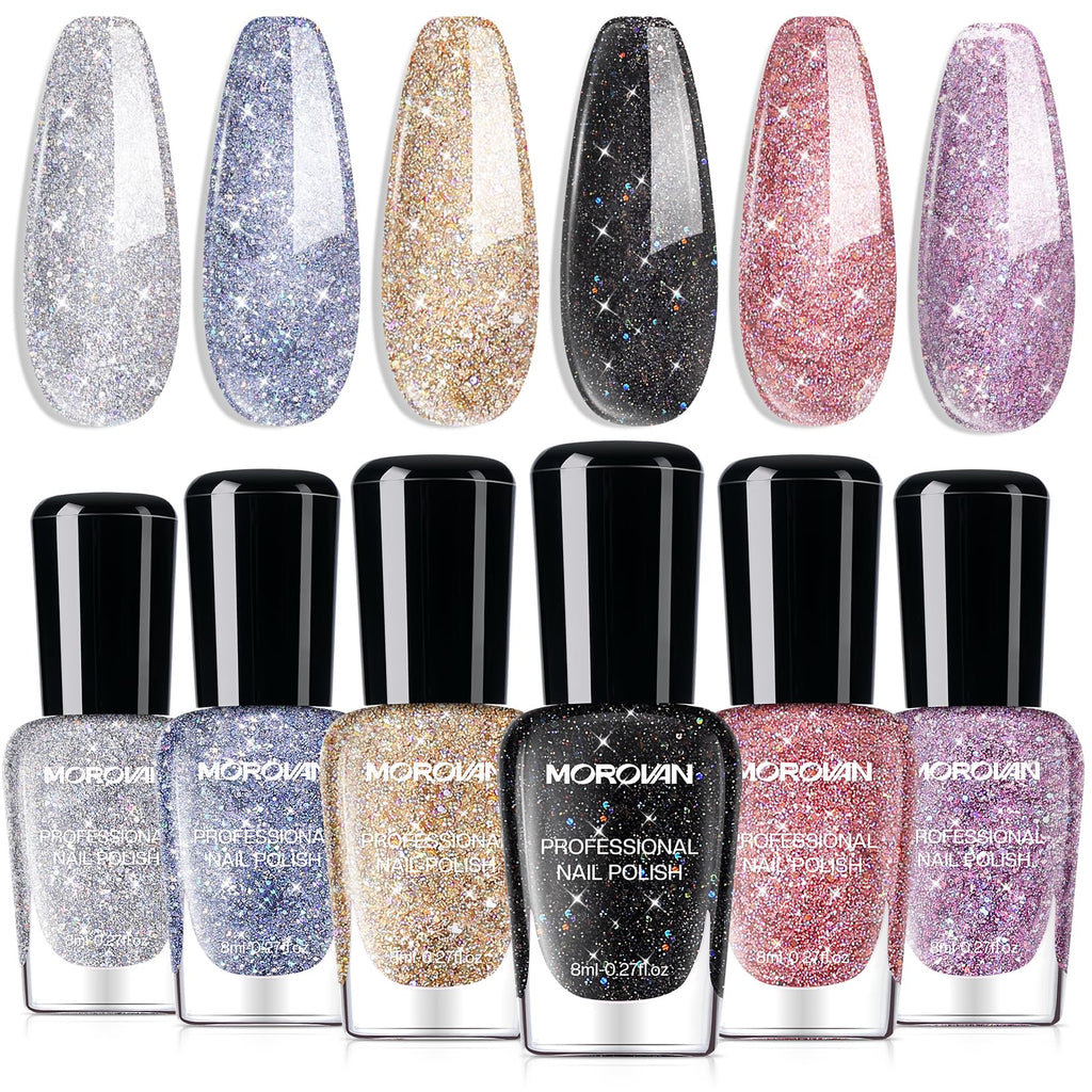 Morovan Glitter Nail Polish Set — Quick Dry Sparkle 6-Color Kit (Gold Silver Black)