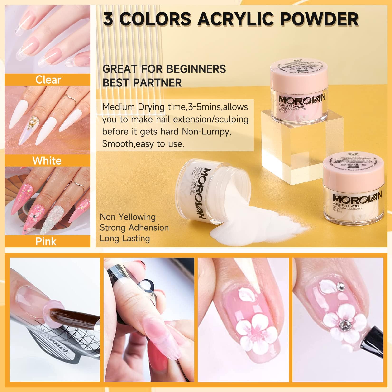 Morovan Acrylic Nail Kit for Beginners – Complete Starter Set with 3 Colors Powder & Glitter