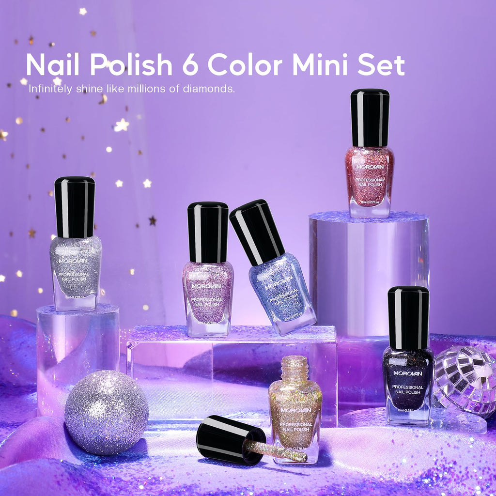 Morovan Glitter Nail Polish Set — Quick Dry Sparkle 6-Color Kit (Gold Silver Black)