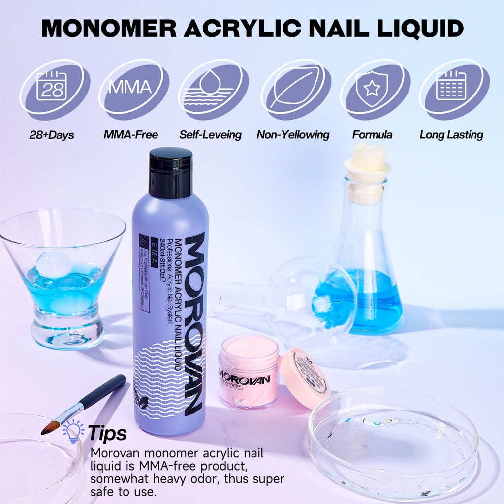 Morovan Monomer Acrylic Nail Liquid 8oz – MMA-Free, Non-Yellowing for Acrylic Extensions