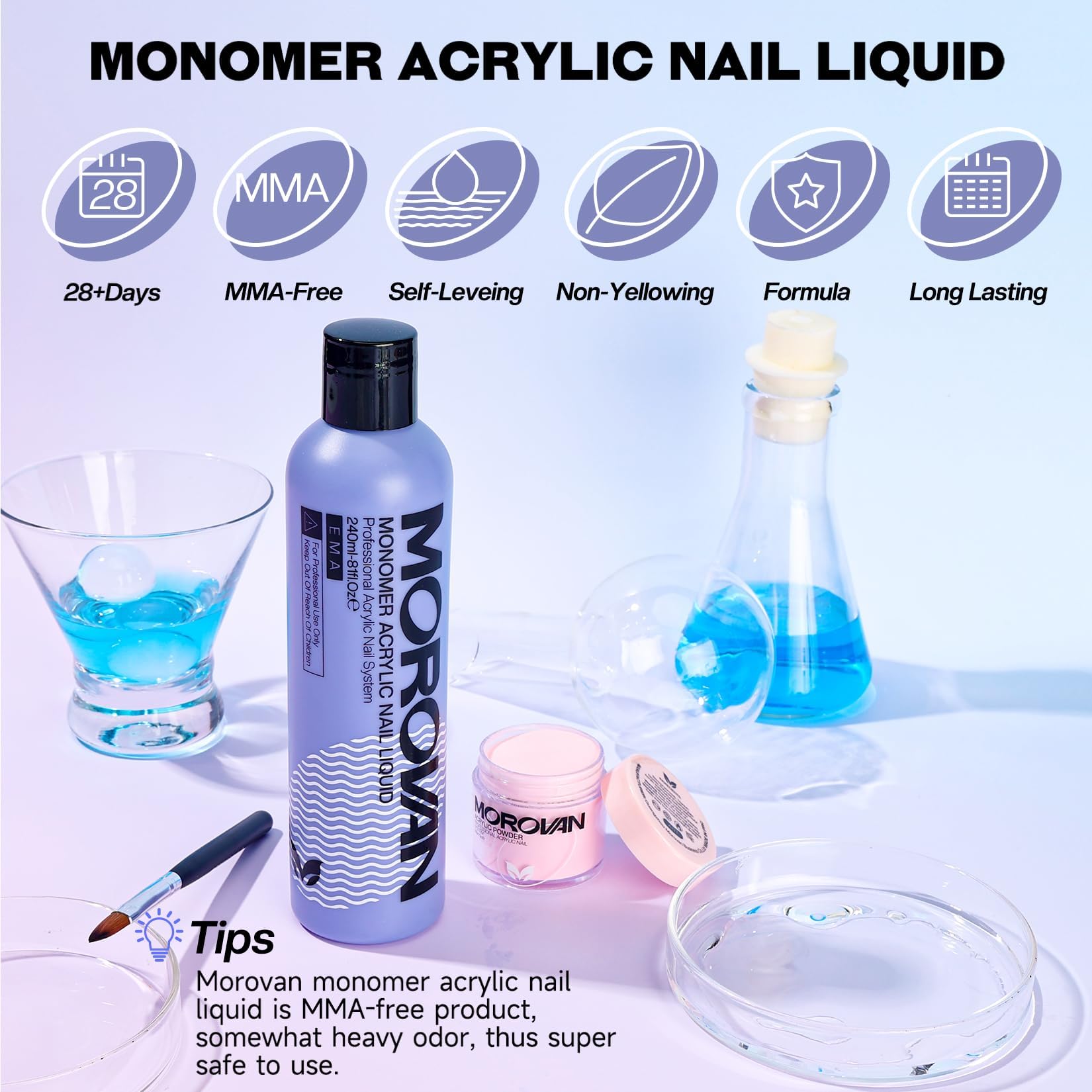 Morovan Monomer Acrylic Nail Liquid 8oz – MMA-Free, Non-Yellowing for Acrylic Extensions
