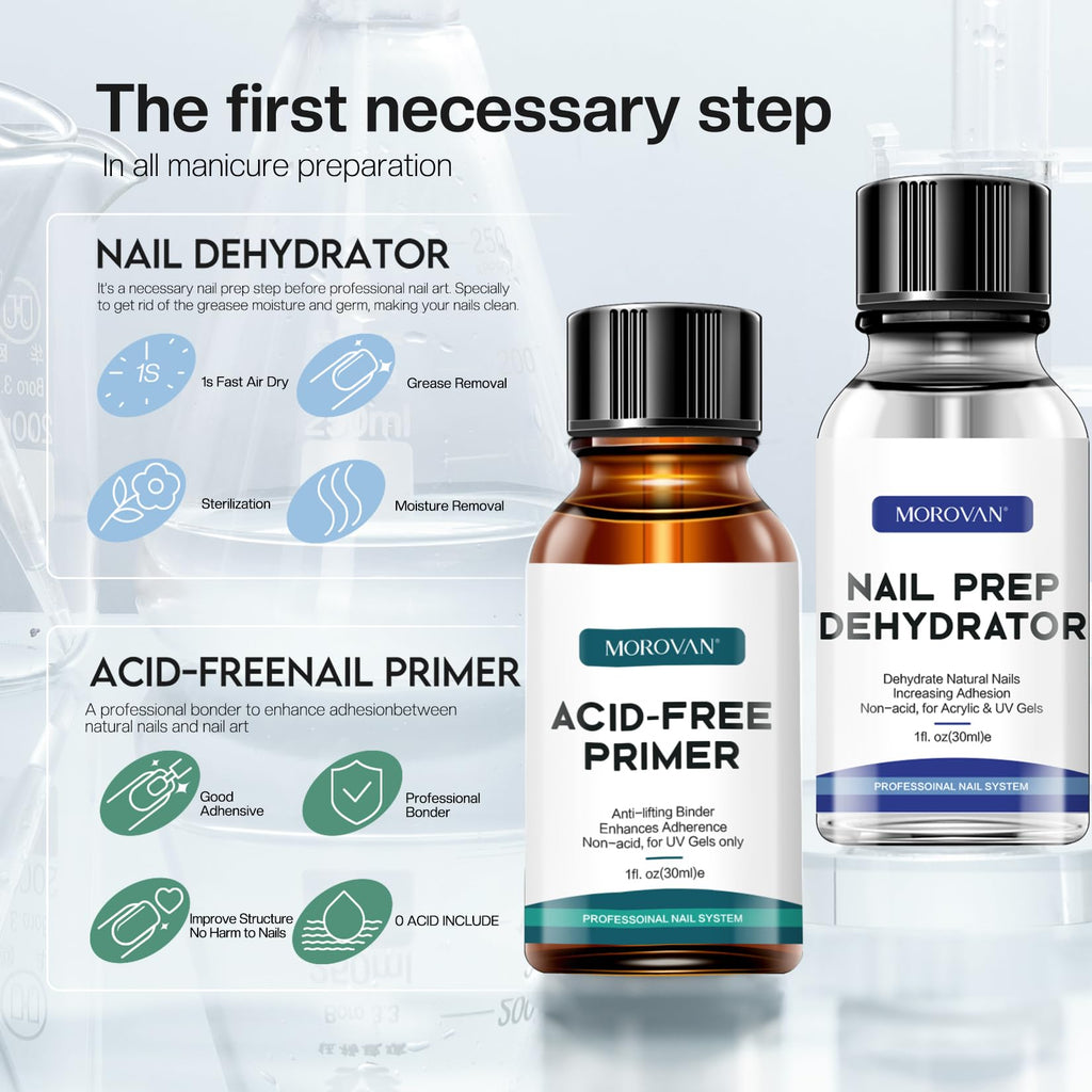 Morovan Nail Primer & Dehydrate Set – Fast Air Dry, 30ml / 1oz for Gel Polish & Acrylic