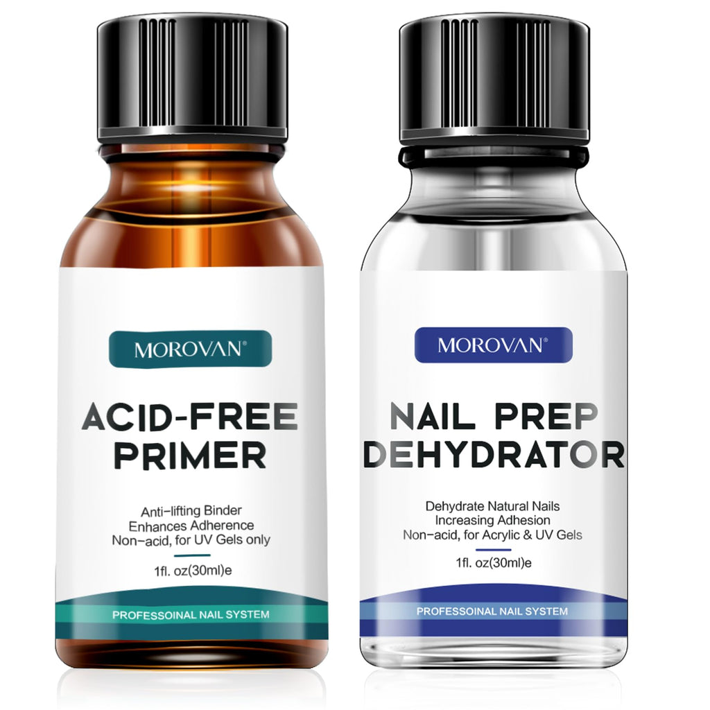 Morovan Nail Primer & Dehydrate Set – Fast Air Dry, 30ml / 1oz for Gel Polish & Acrylic
