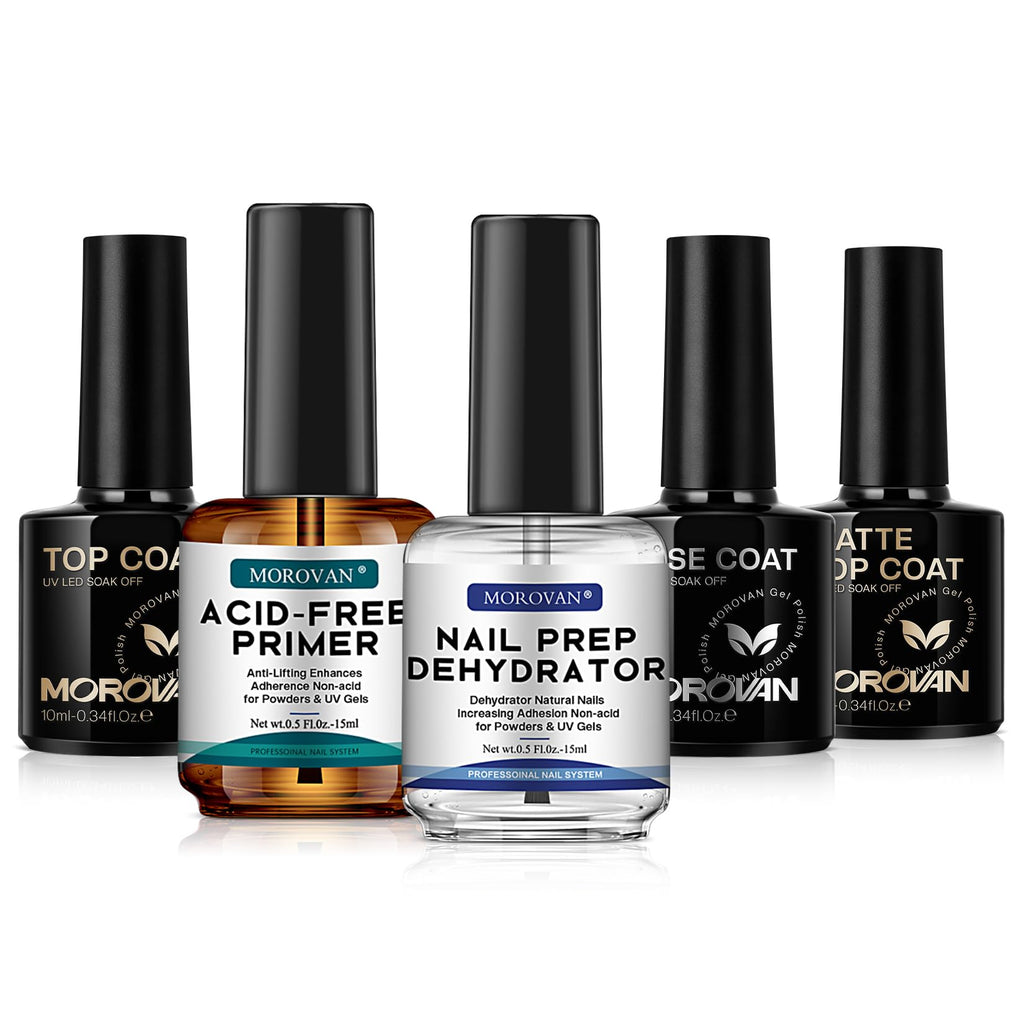 Morovan Nail Dehydrator & Primer + Gel Base & Top Coat Set – 5Pcs, Acid-Free, Fast-Dry