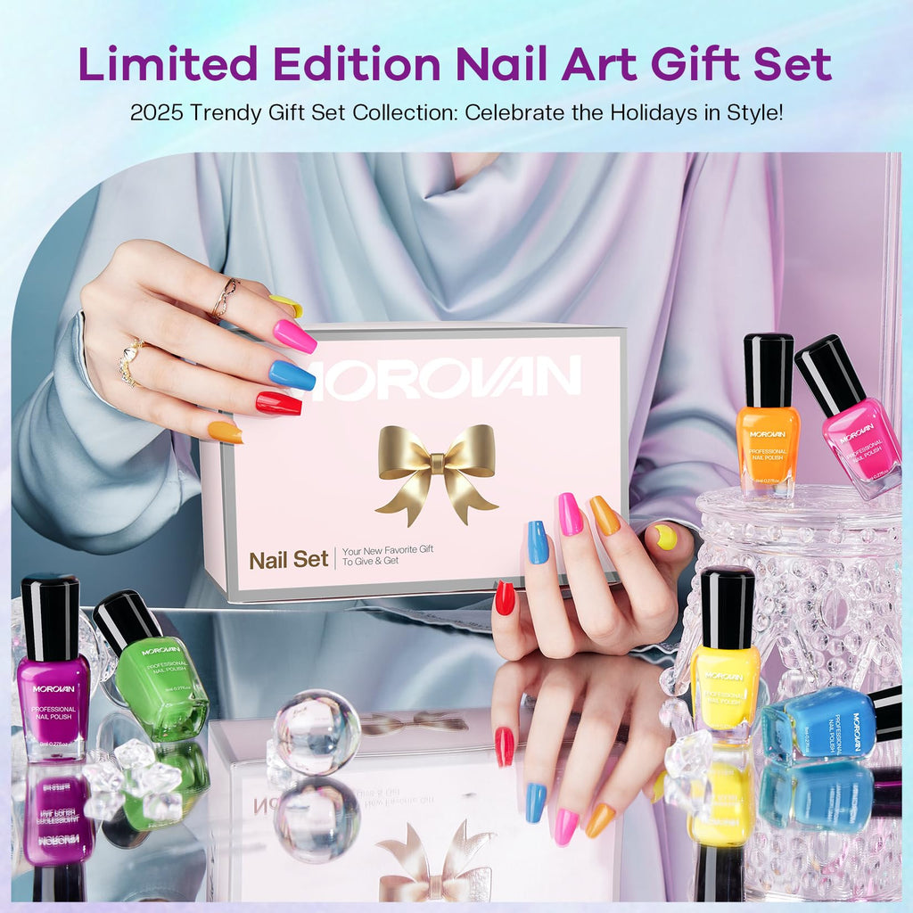 Morovan 2025 Nail Polish Set – 15-Piece Rainbow Collection with Quick-Dry Base & Top Coat