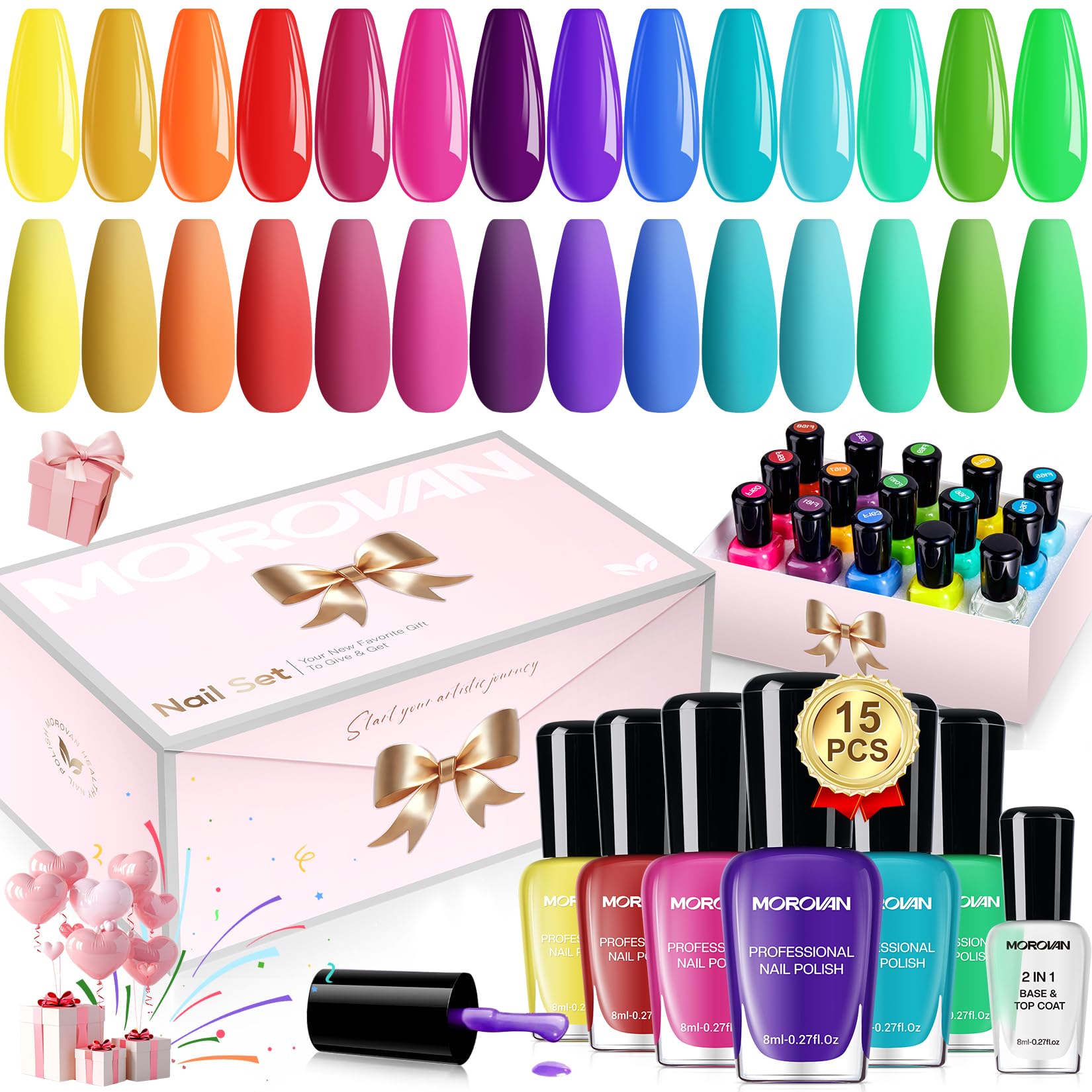 Morovan 2025 Nail Polish Set – 15-Piece Rainbow Collection with Quick-Dry Base & Top Coat