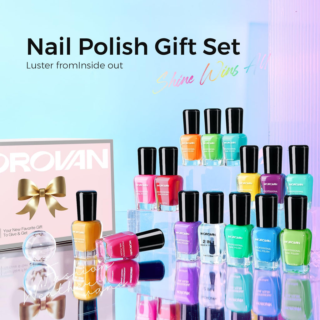 Morovan 2025 Nail Polish Set – 15-Piece Rainbow Collection with Quick-Dry Base & Top Coat
