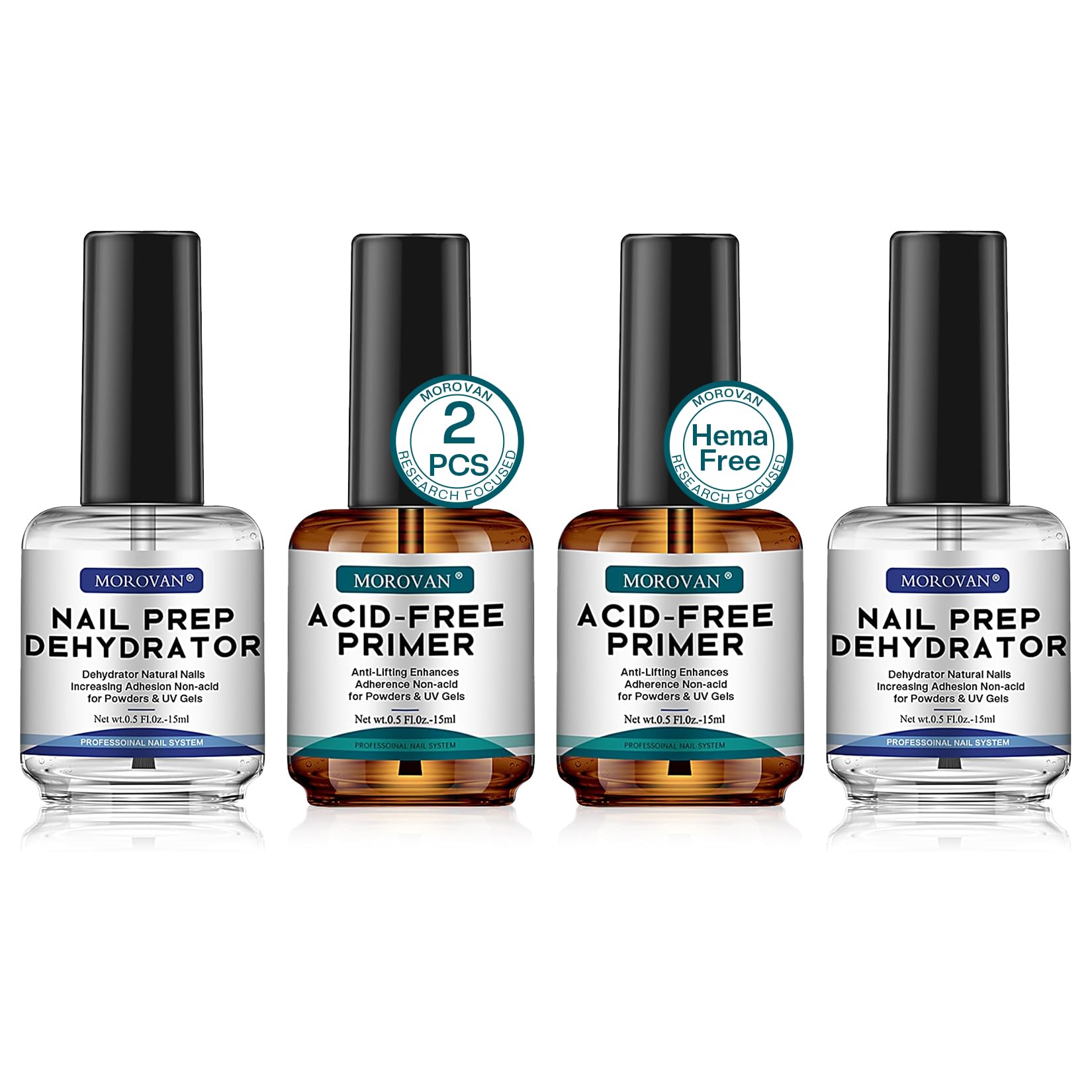 Morovan Nail Prep Dehydrator & Acid-Free Primer – 4-Piece Set for Strong Adhesion