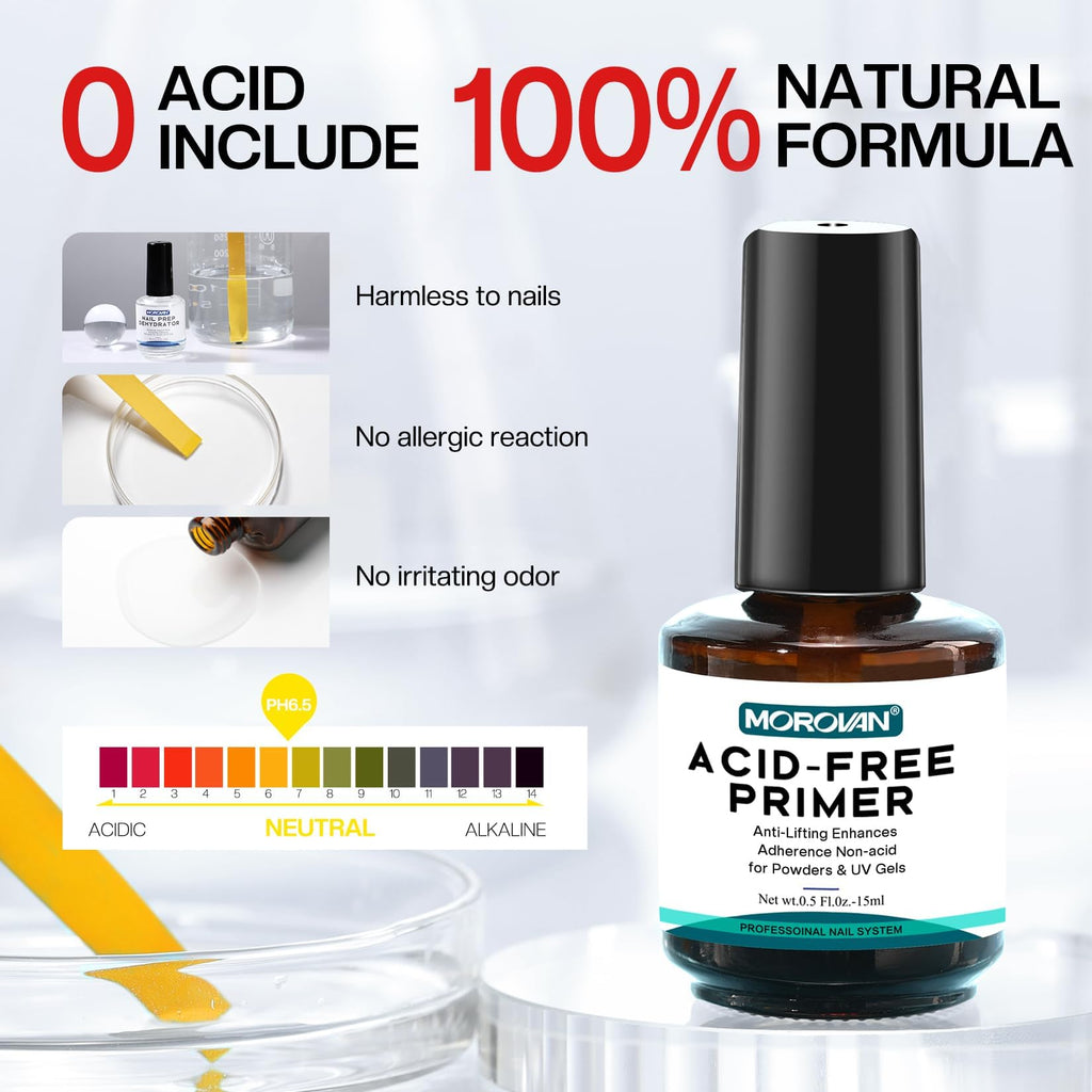 Morovan Nail Prep Dehydrator & Acid-Free Primer – 4-Piece Set for Strong Adhesion