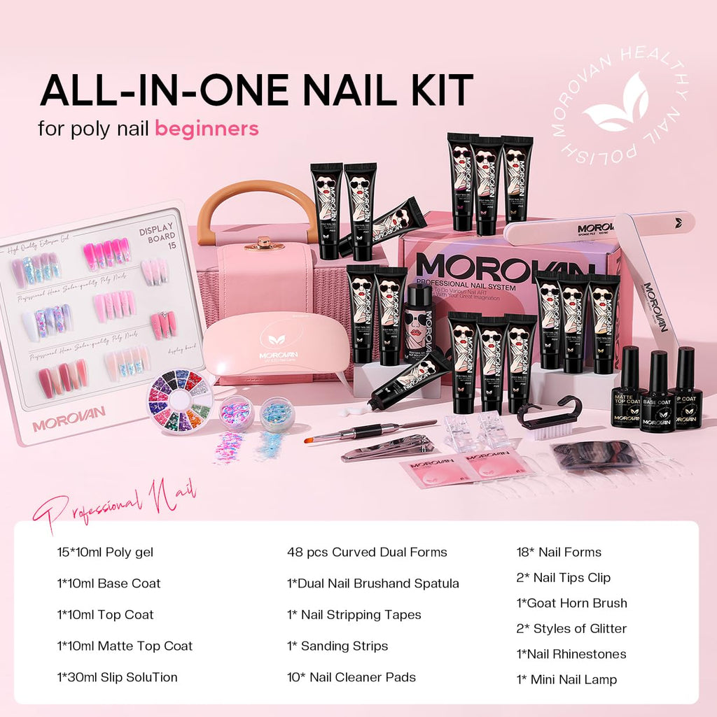 Morovan Poly Gel Nail Kit for Beginners – 15 Colors, Slip Solution & UV Light