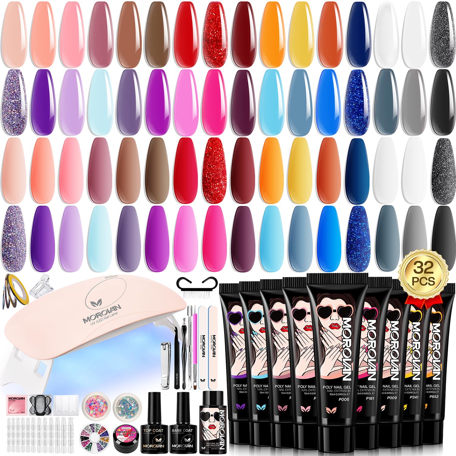 Morovan Poly Gel Nail Kit for Beginners – 32 Colors + UV Lamp