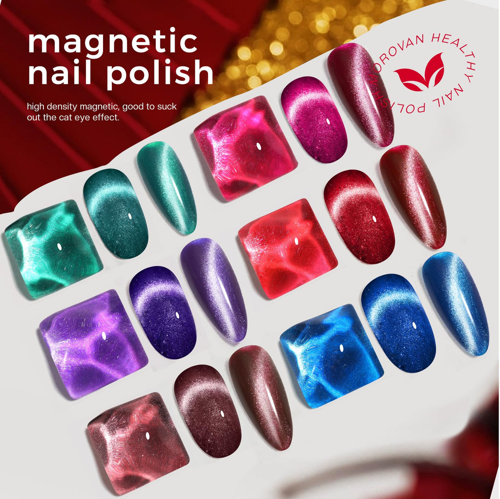 Morovan Magnetic Nail Polish Set – Cat Eye Glitter Kit (6 Colors), Quick Dry