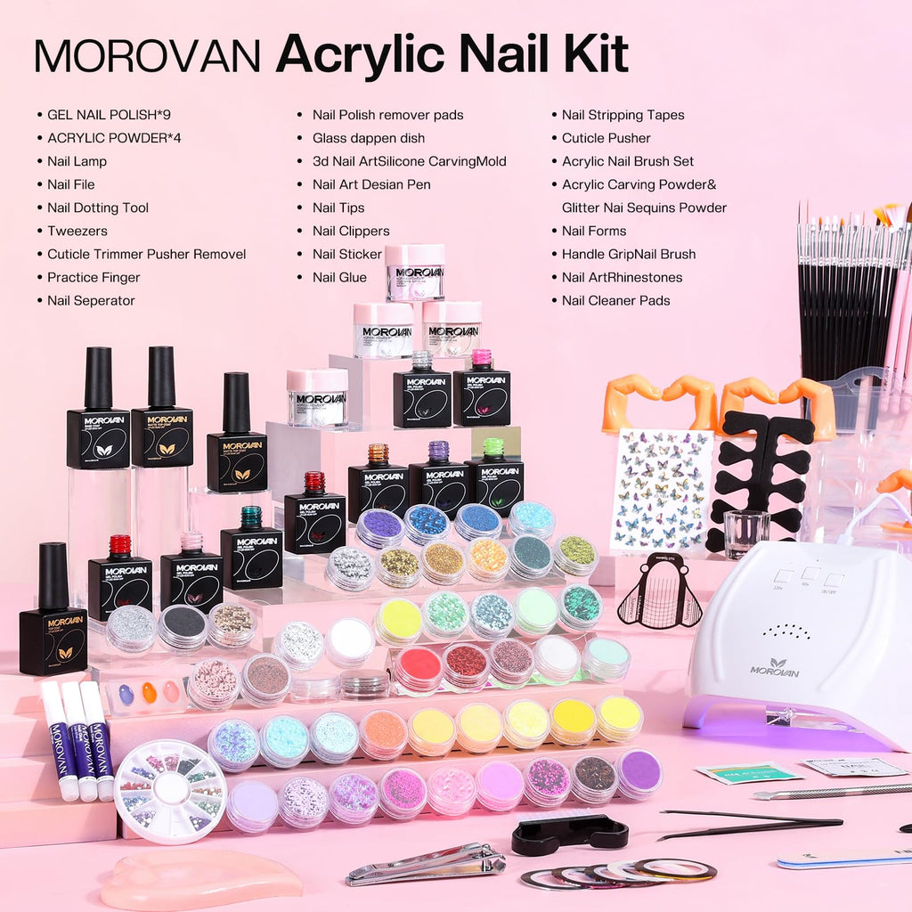 Morovan Acrylic Nail Kit for Beginners – All-in-One DIY Nail Starter Set with UV Lamp, Polish & Tools