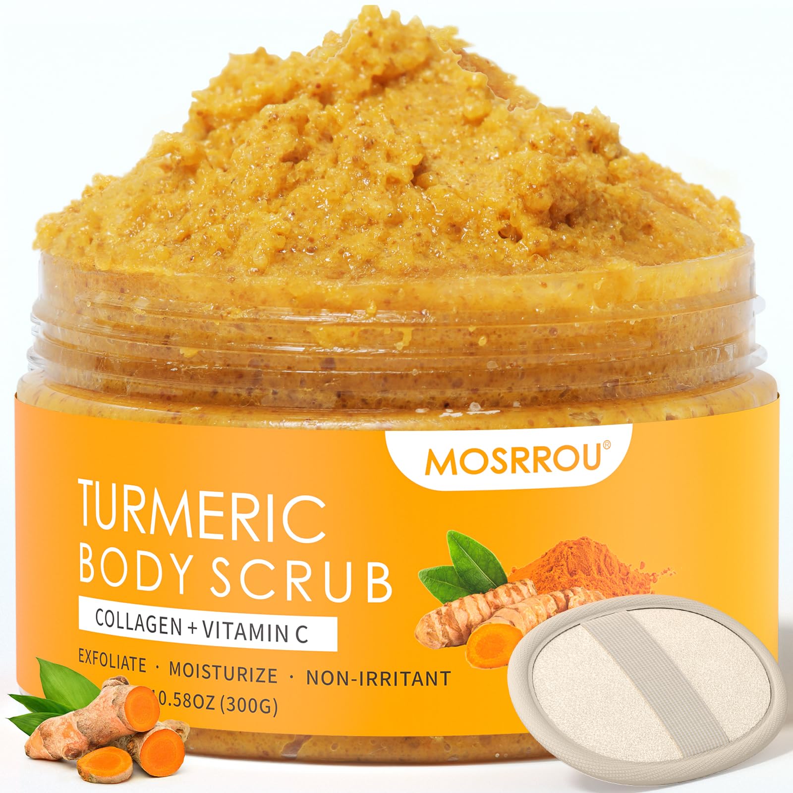 MOSRROU Turmeric Body Scrub with Vitamin C, Collagen & Coconut Oil | Exfoliating Loofah for Smooth, Hydrated Skin