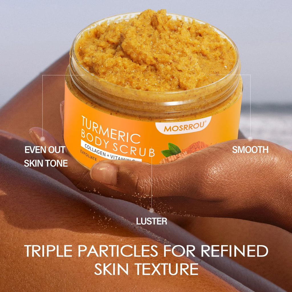 MOSRROU Turmeric Body Scrub with Vitamin C, Collagen & Coconut Oil | Exfoliating Loofah for Smooth, Hydrated Skin