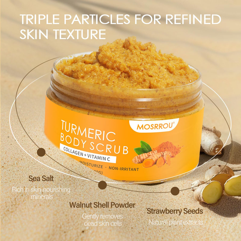 MOSRROU Turmeric Body Scrub with Vitamin C, Collagen & Coconut Oil | Exfoliating Loofah for Smooth, Hydrated Skin