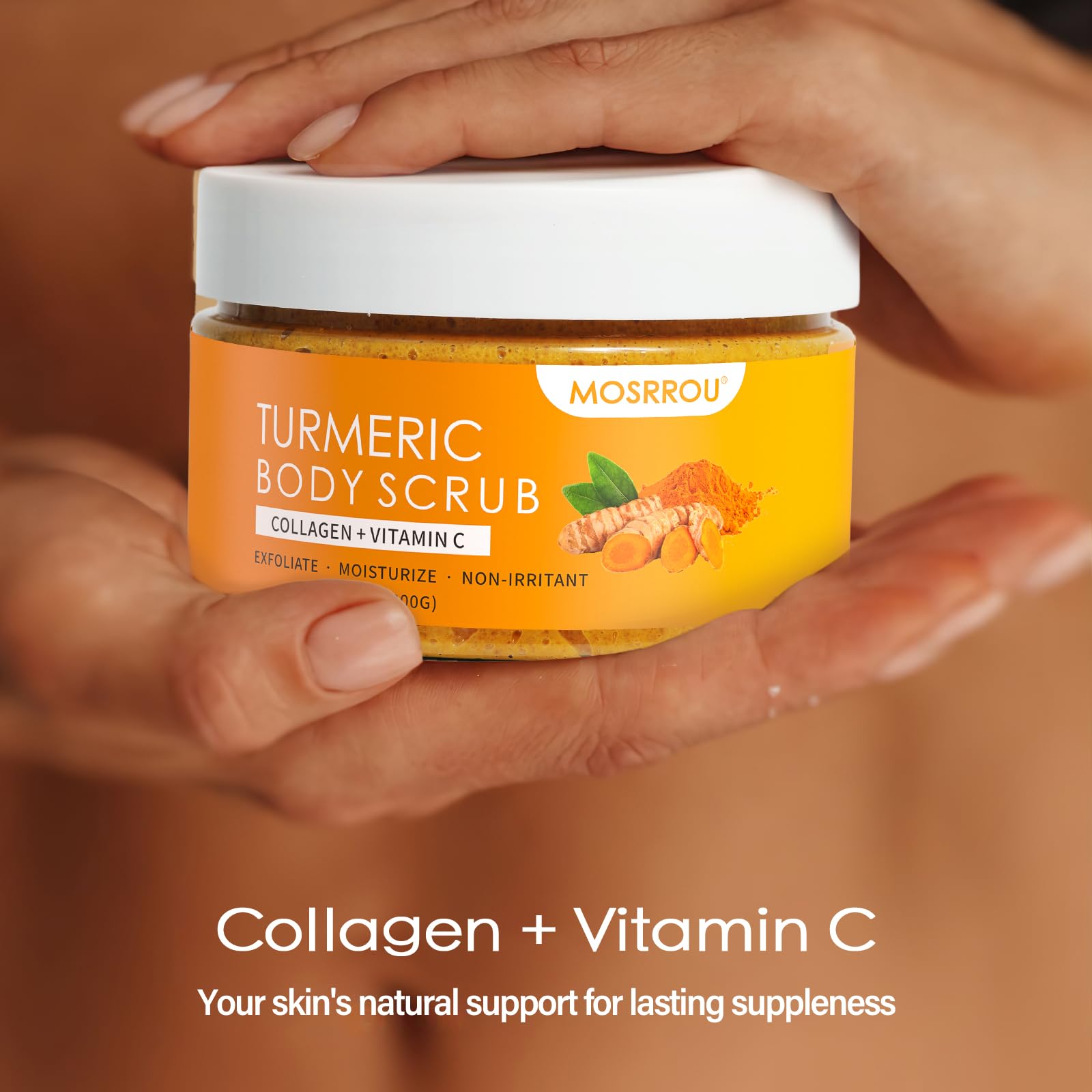 MOSRROU Turmeric Body Scrub with Vitamin C, Collagen & Coconut Oil | Exfoliating Loofah for Smooth, Hydrated Skin