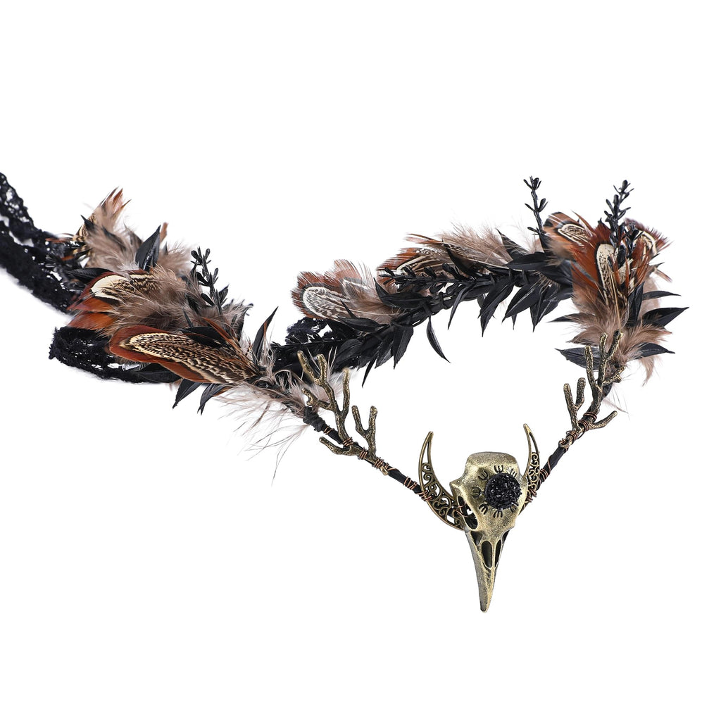 MOSTORY Brown Feather Witch Crown - Handmade Gothic Headpiece for Women | Witch Aesthetic & Cosplay