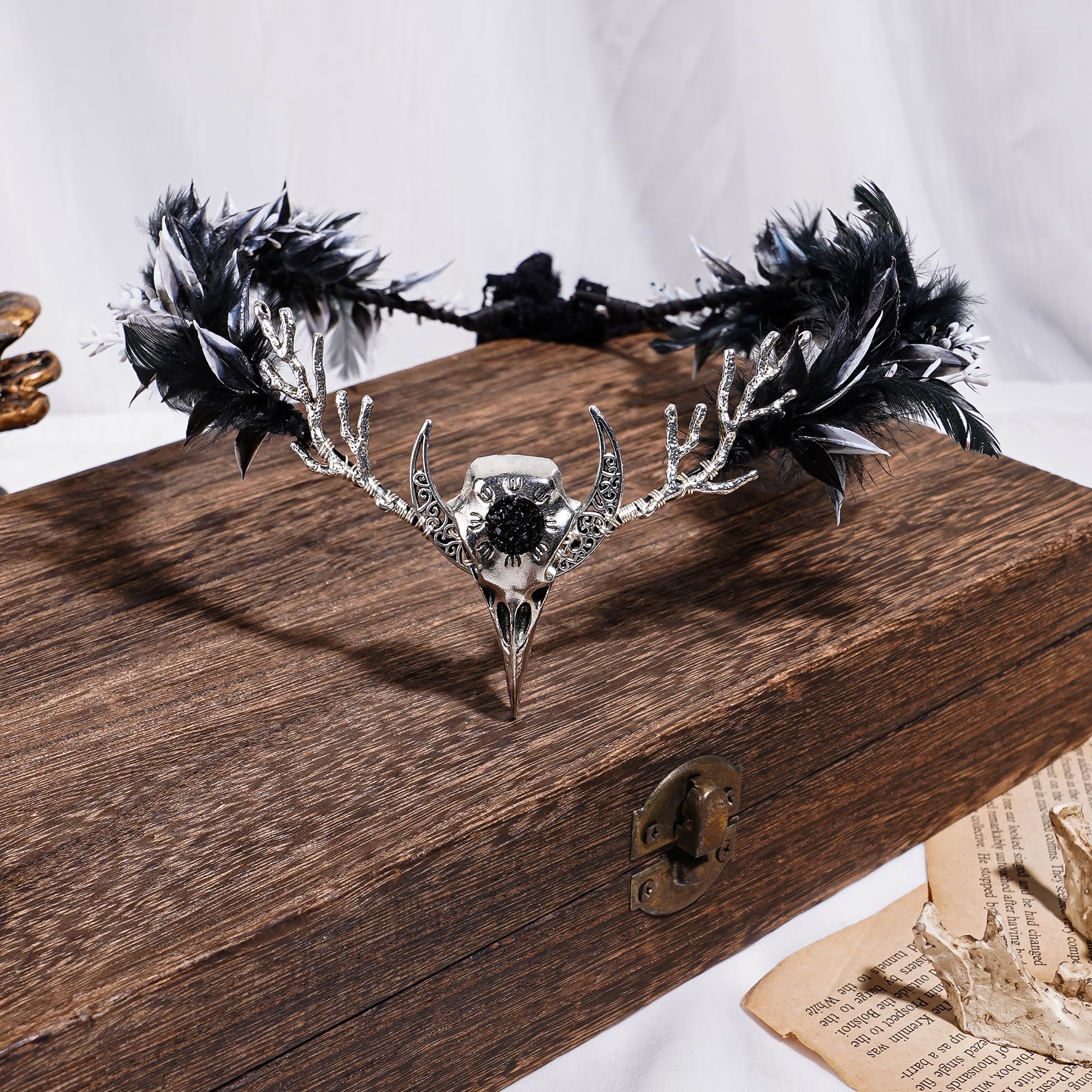 MOSTORY Handmade Black Raven Feather Crown – Gothic Circlet with Raven Skull & Dark Moon Tiara for Women & Girls
