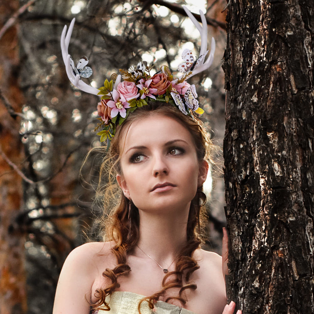 MOSTORY Handmade White Antler Headband – Forest Butterfly Crown for Weddings & Cosplay