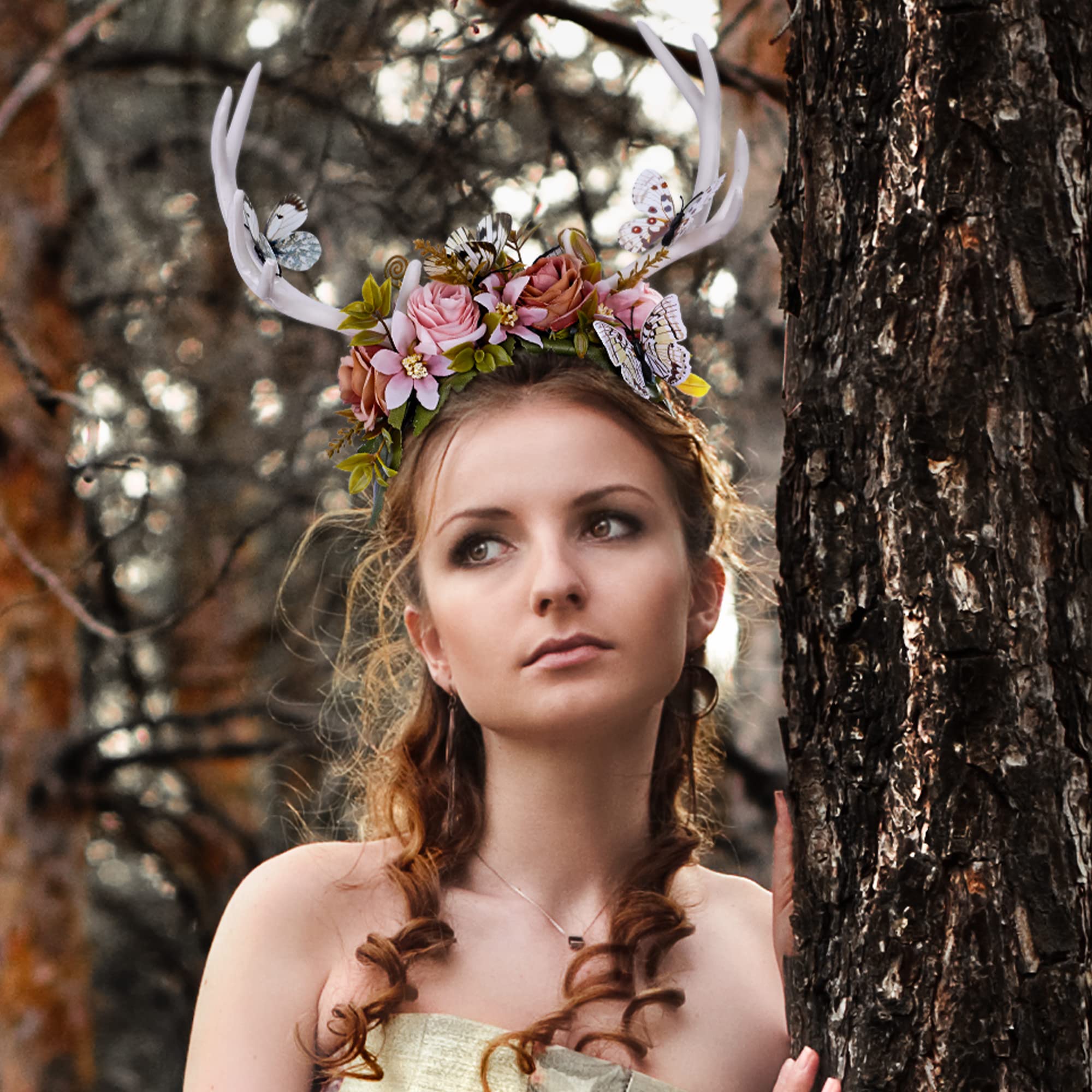 MOSTORY Handmade White Antler Headband – Forest Butterfly Crown for Weddings & Cosplay