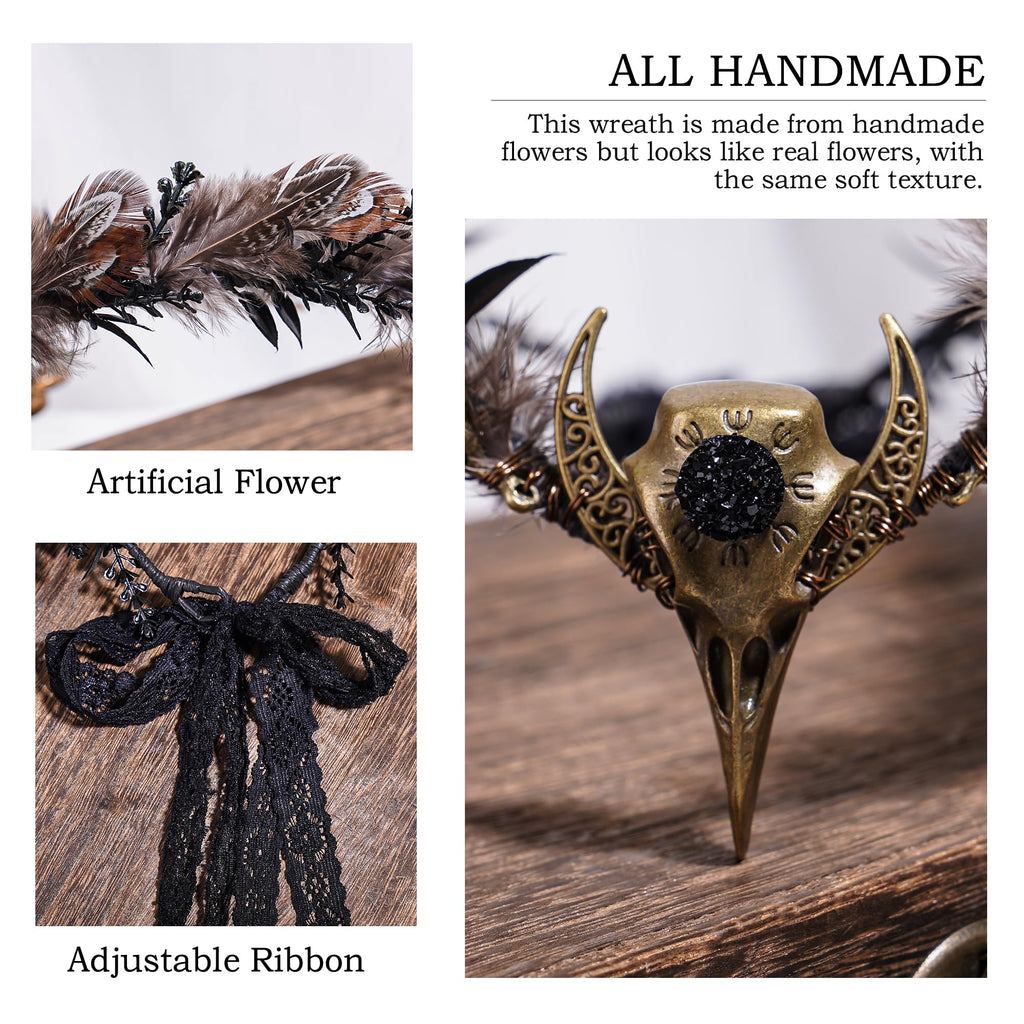 MOSTORY Brown Feather Witch Crown - Handmade Gothic Headpiece for Women | Witch Aesthetic & Cosplay