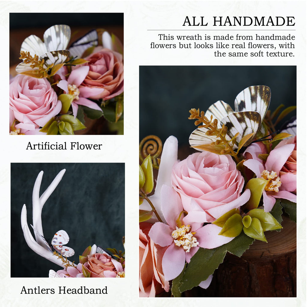 MOSTORY Handmade White Antler Headband – Forest Butterfly Crown for Weddings & Cosplay