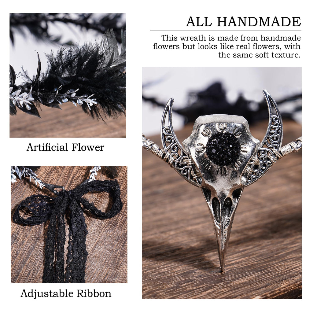 MOSTORY Handmade Black Raven Feather Crown – Gothic Circlet with Raven Skull & Dark Moon Tiara for Women & Girls