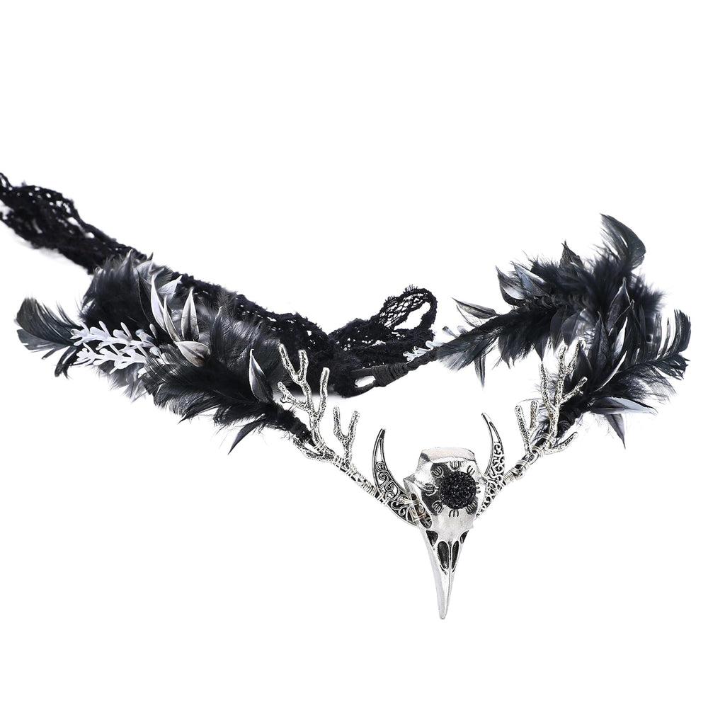 MOSTORY Handmade Black Raven Feather Crown – Gothic Circlet with Raven Skull & Dark Moon Tiara for Women & Girls