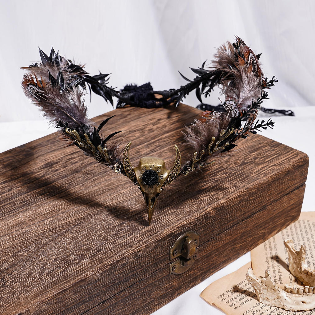 MOSTORY Brown Feather Witch Crown - Handmade Gothic Headpiece for Women | Witch Aesthetic & Cosplay