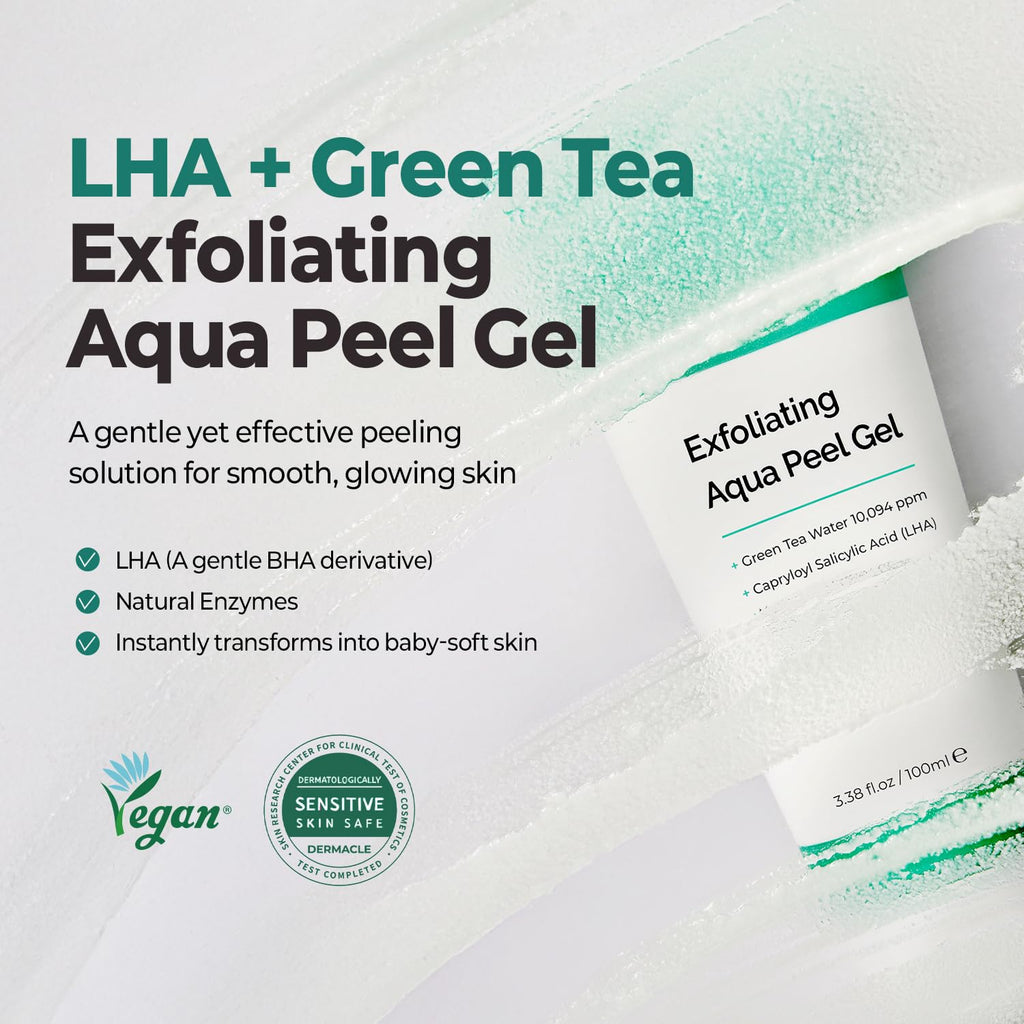 MOTHER MADE LHA Green Tea Exfoliating Aqua Peel Gel – Pore Care, Gentle Facial Exfoliator, 2 Pack (100ml each) | Vegan, Korean Skincare